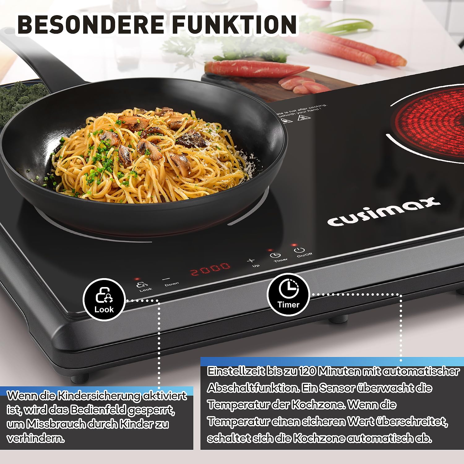 CUSIMAX 3500 W piastra da cucina a infrarossi in acciaio inox 2 piastre elettriche con display a LED, timer, controllo touch, protezione per bambini, colore nero