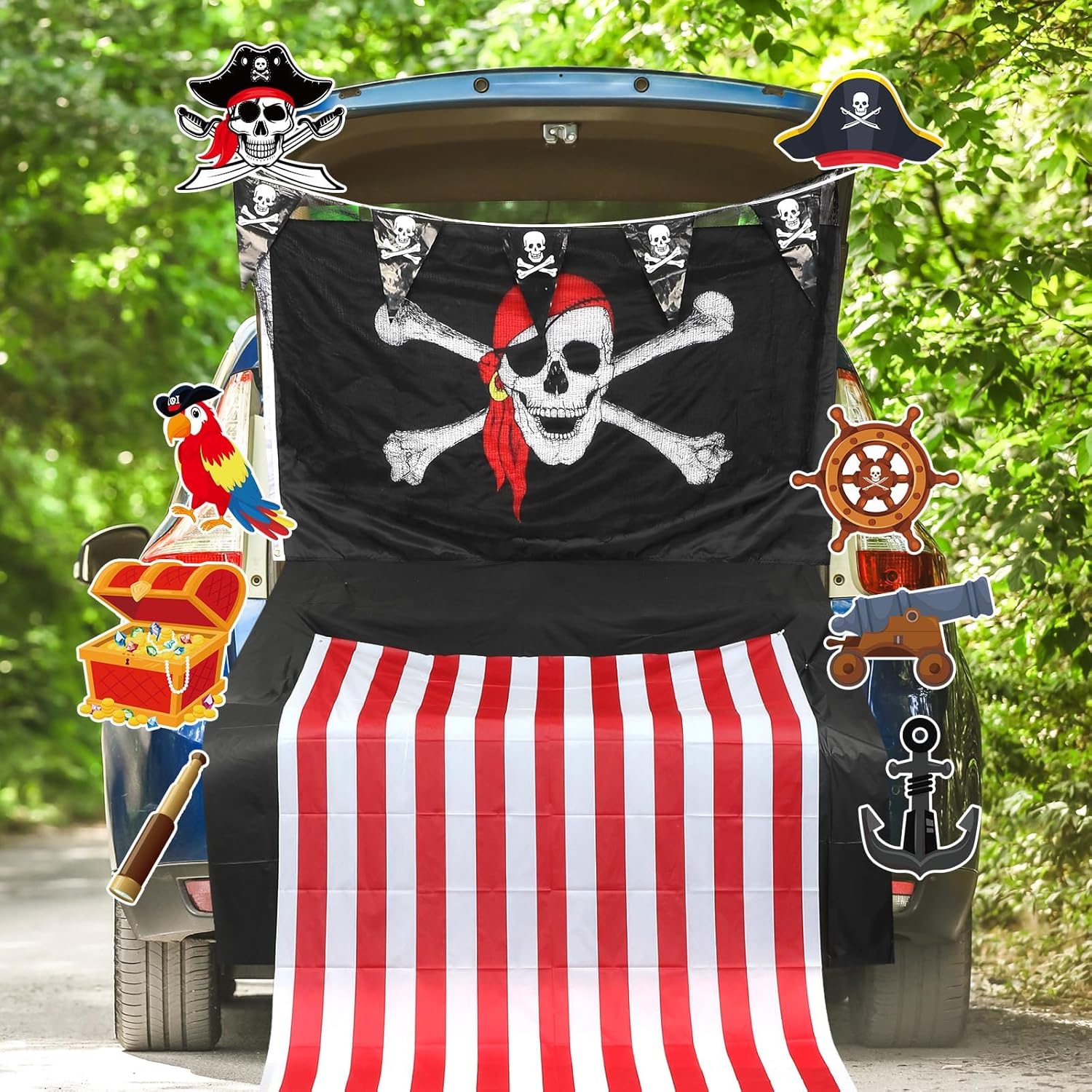 Halloween Trunk Or Treat Car Decorations Kit Halloween Decorations Outdoor Indoor Pirate Flag Spider Web Car Stickers, Haunted House Suv Trunk Car Garage Lawn Outside Archway Door Patio Supplies