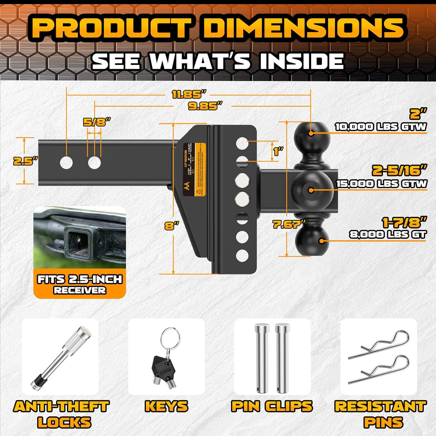 Adjustable Trailer Hitch -Drop Hitch -Tri Ball Mount w/Hook (1-7/8'', 2''&2-5/16''), Fits 2.5-Inch Receiver, 6'' Drop/Rise 15,000 LBS GTW Tow Hitch, 3 Ball Hitches for Trucks, RV, Camper etc