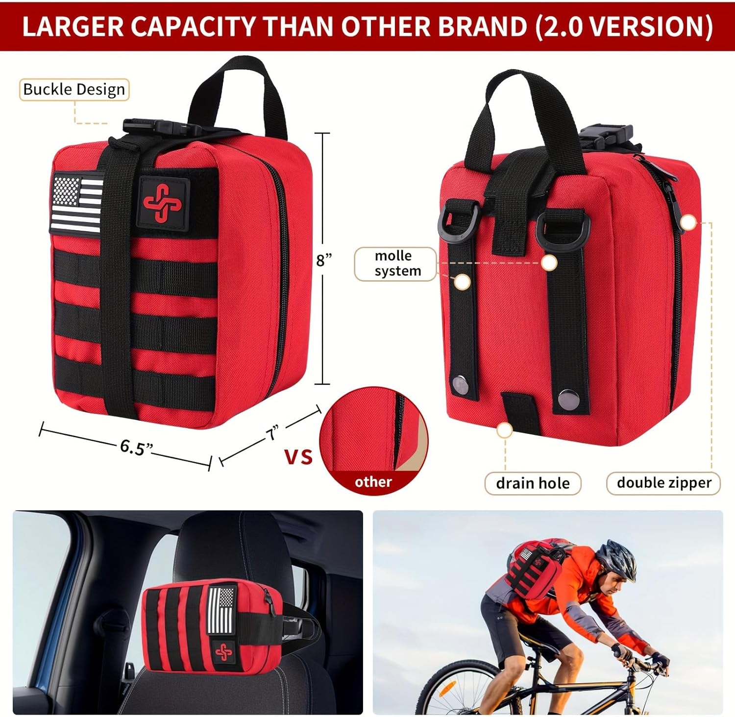 Survival Kit, 252Pcs Survival Gear First Aid Kit with Molle System Compatible Bag and Emergency Tent, Emergency Kit for Earthquake, Outdoor Adventure, Hiking, Hunting, Gifts for Men Women (Red) - Image 2