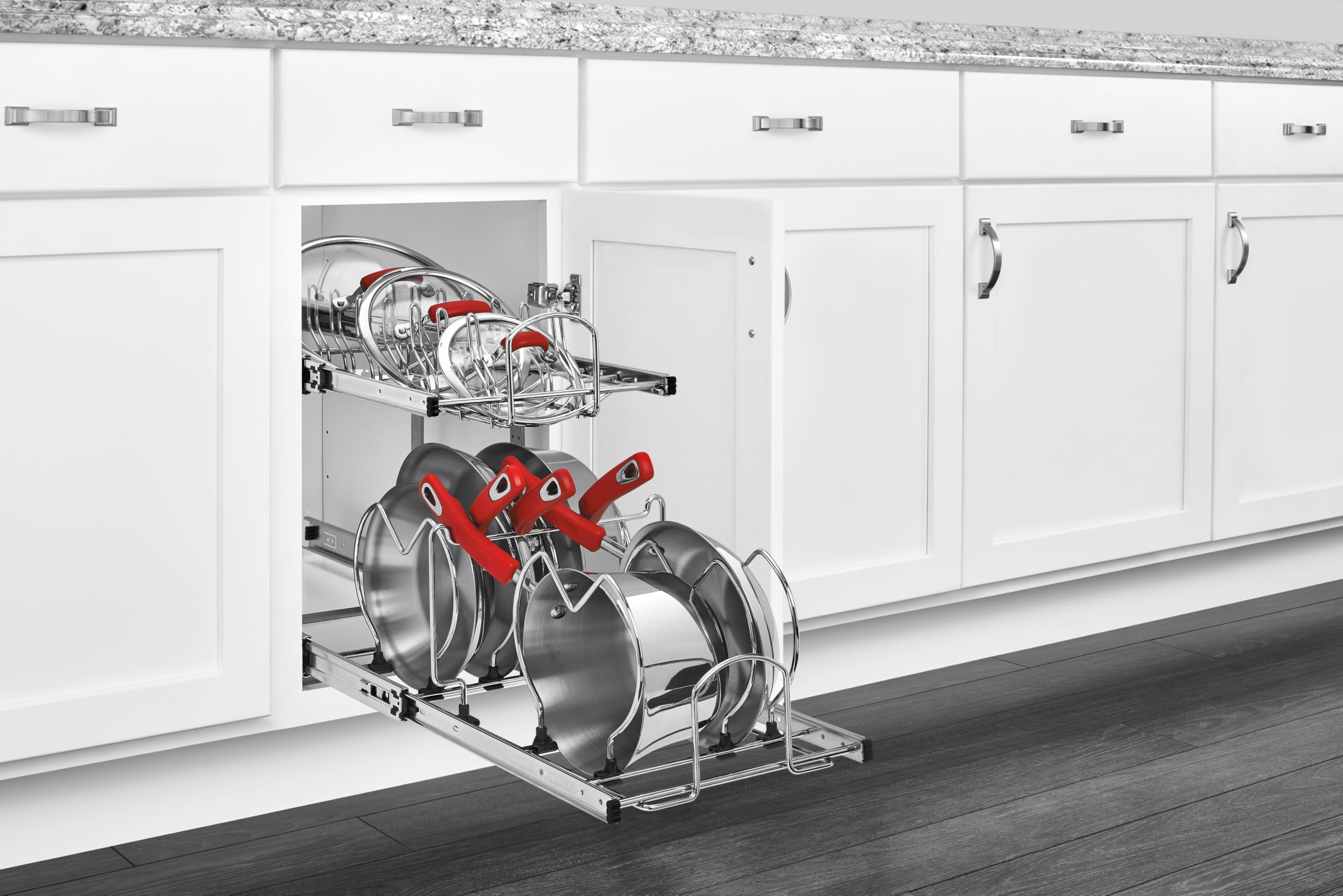 Rev-A-Shelf Dual Kitchen Cabinet Pullout Organizer Min Open Width of 11.5 | 2-Tier U-Shaped Cookware Storage Rack for Pots Pans and Lid Cookware Adjustable Heavy Duty Wire Chrome 5CW2-1222-CR product thumbnail 4