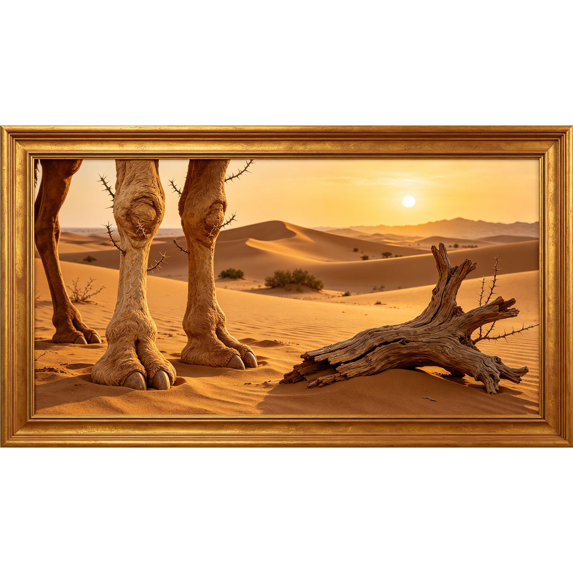 QZLITHOTIC 50x90cm3D Framed Wall Art， Desert Camel Landscape Sunset Self‑Adhesive Mural， Water‑Activated Peel & Stick Fabric Decor Wall Decal for Bedroom Living Room