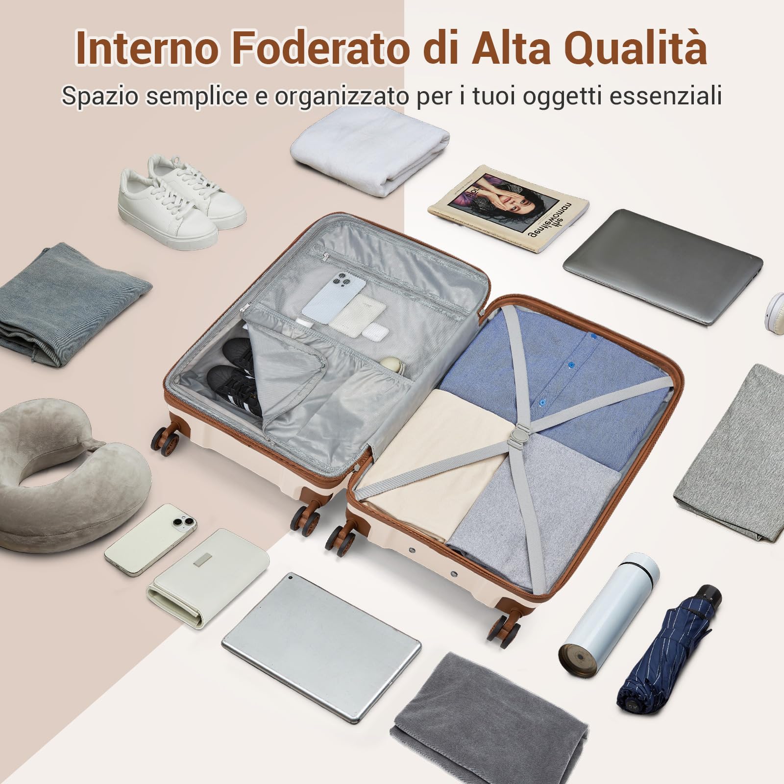 KONO Valigia Media in PP Rigida 65 cm - Trolley 20 kg Leggero Espandibile con Ruote 360° TPE, Portabicchieri Integrato e Serratura TSA (24", Beige/marrone)