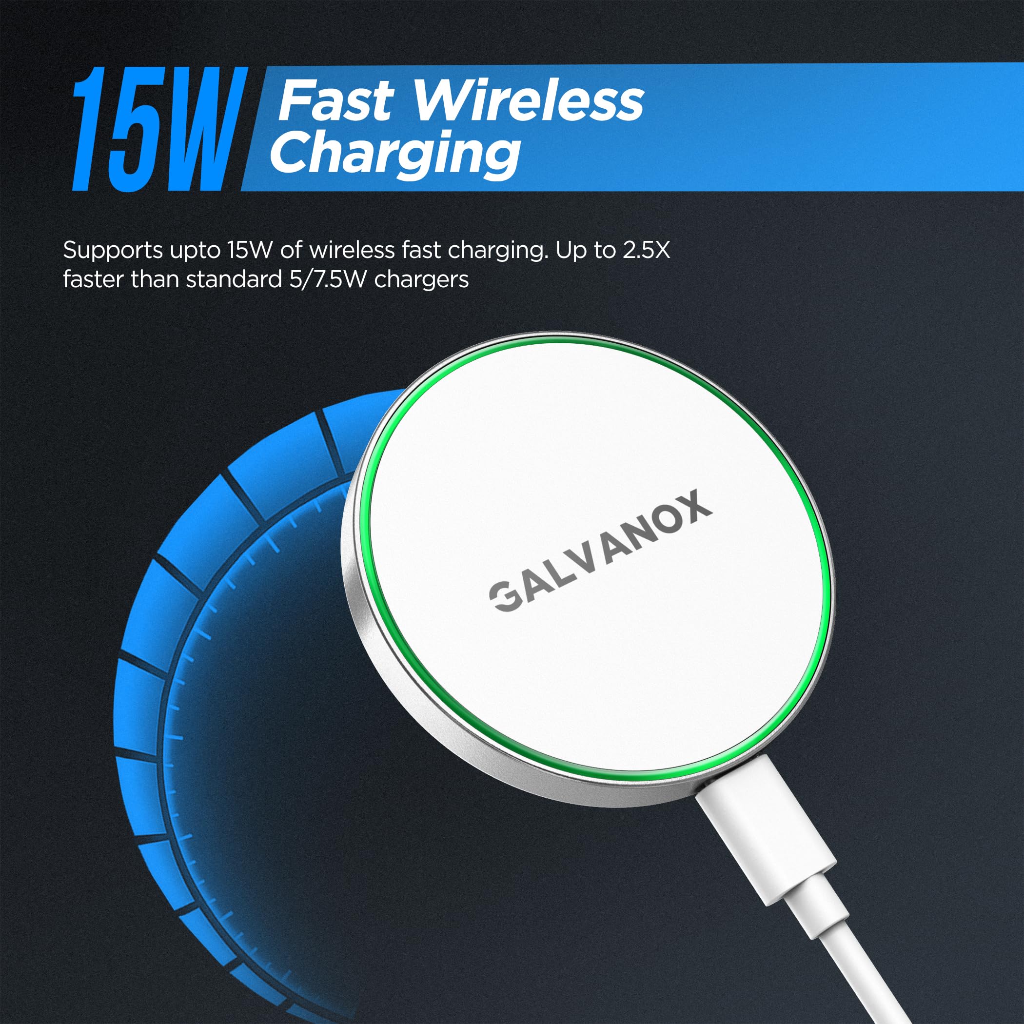 Galvanox Kompatibel mit MagSafe Wandmontiertes magnetisches kabelloses Ladegerät (15W) Schnellladung, aufklebbares klebriges Design mit langem abnehmbarem USB-C-Kabel (3,05 m) Weiß