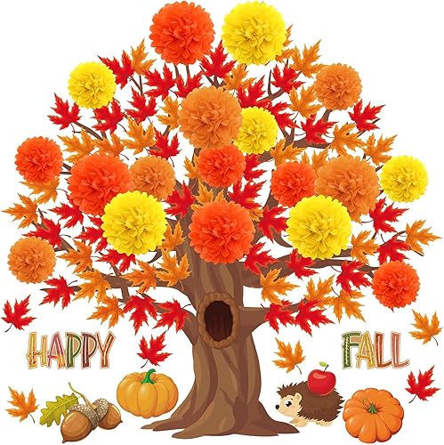 Buryeah Juego de 91 tablones de anuncios grandes en 3D de primavera para decoración de árbol de 47 x 46 pulgadas, fondo de árbol con pompones de