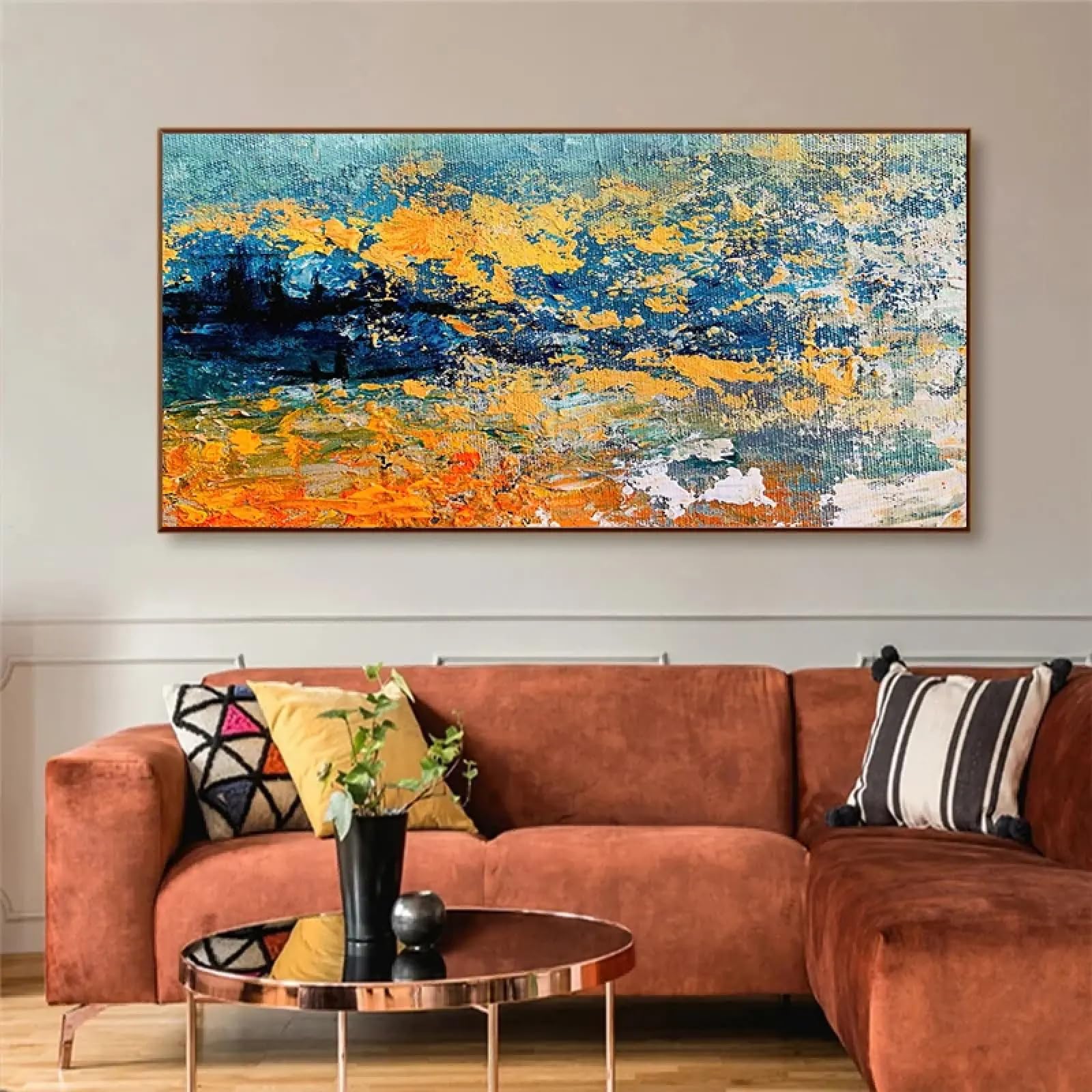 Décoration d'intérieur salon avec tableau abstrait bleu jaune 60x105 - 8