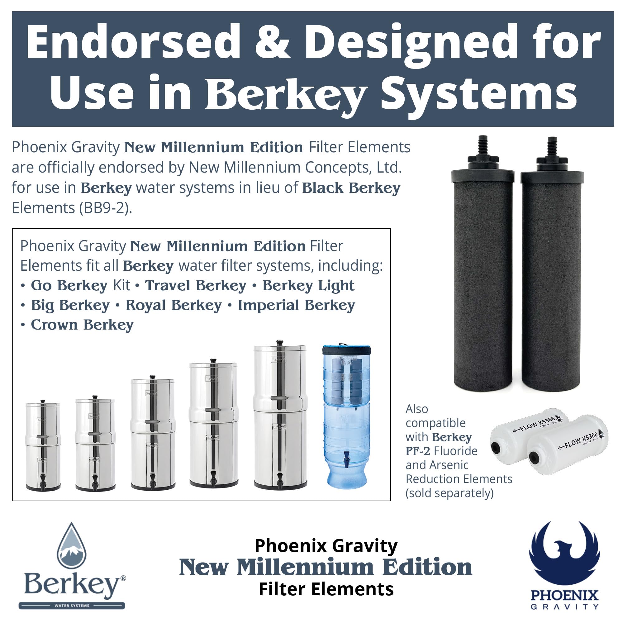 Berkey Phoenix Gravity Millennium Edition Filterelemente (2er-Set) – NMCL empfohlener Ersatz anstelle von schwarzen Berkey Elementen BB9-2