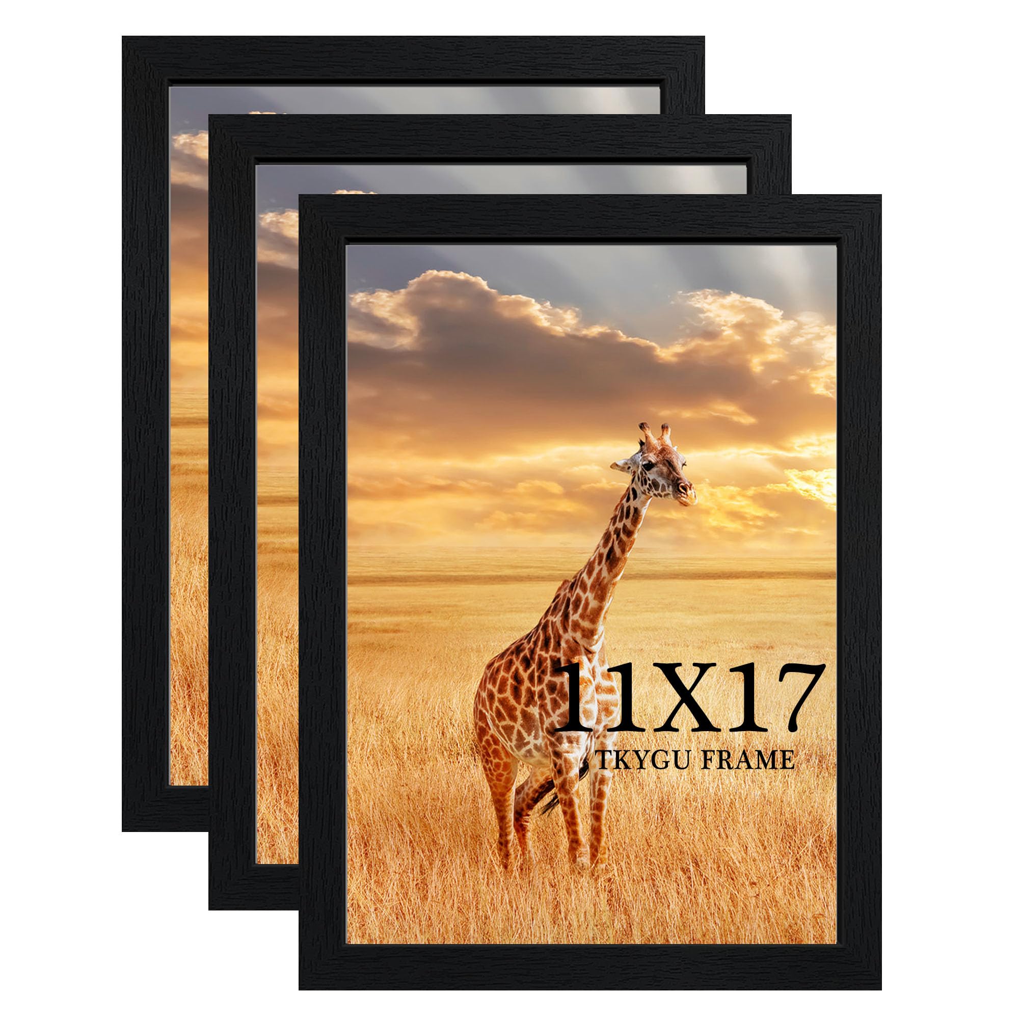 TKYGU 11x17 Picture Frame Set of 3,Wooden Frame 11x17 Wall Gallery Poster Photo frame Black with Durable Shatter Resistant Plexiglass for Wall Mounting Family -friend- wedding best gift