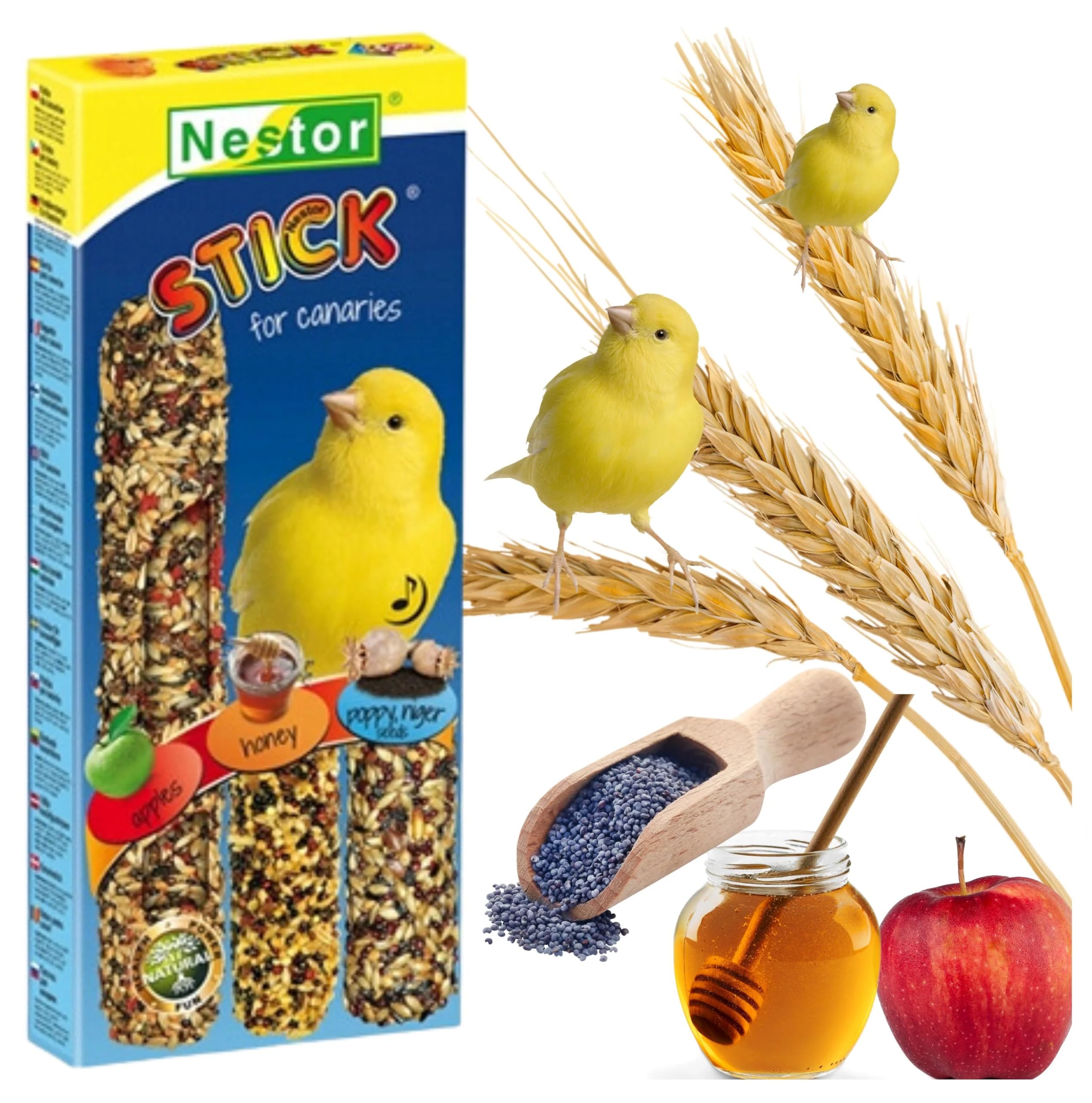 3x Canaries Sticks Apples/Honey/Poppy Flavors Parakeets Bird Seed Food 130g Canary Finches Budgie Snacks with Hooks Pack of Three Yellow Birds Treats