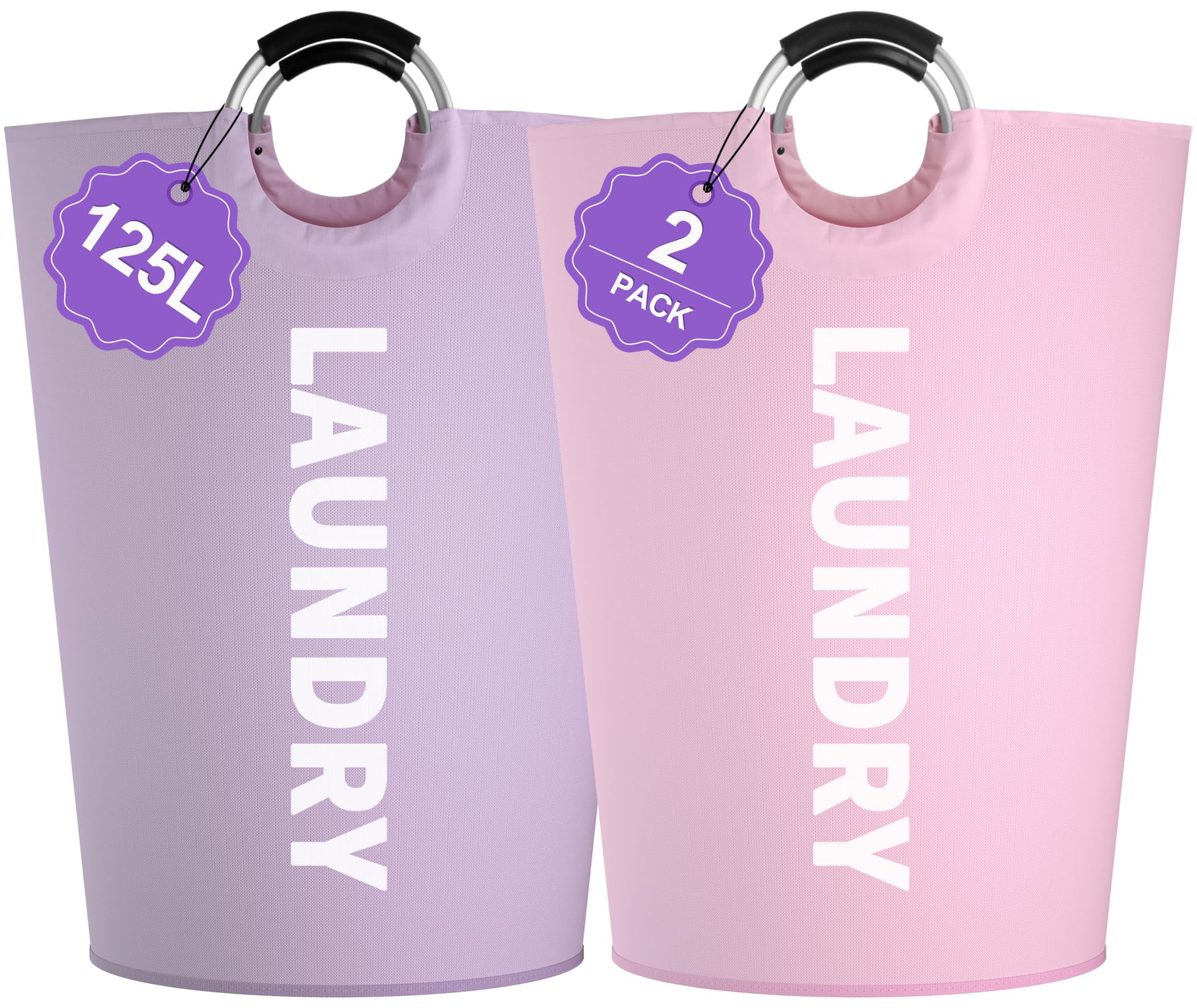 2Pack 125L Extra Large Laundry Baskets, Collapsible Laundry Hamper with Soft Handles, Dirty Clothes Basket in 600D Oxford Fabric, Sturdy Clothes Hampers for Travel, Family, Purple + Pink