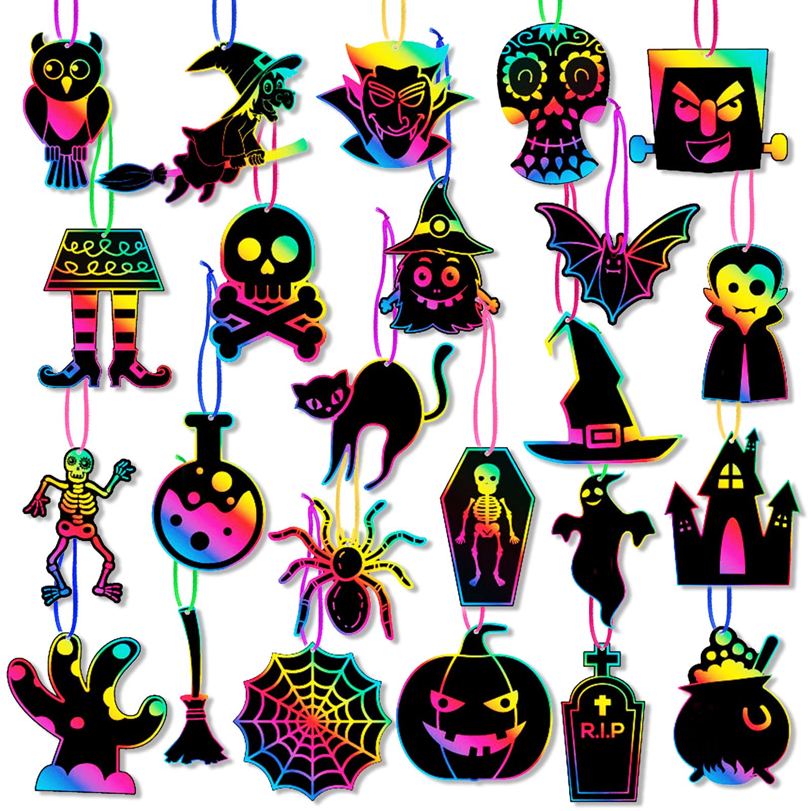 Photo 1 of 24 Design Halloween Scratch Art for Kids Crafts Gift, Suitable for Children's Painting DIY Halloween witch Skull, Pumpkin, Monster, Bat, Spider, Castle, Halloween Magic Scratch Painting Creative Gift