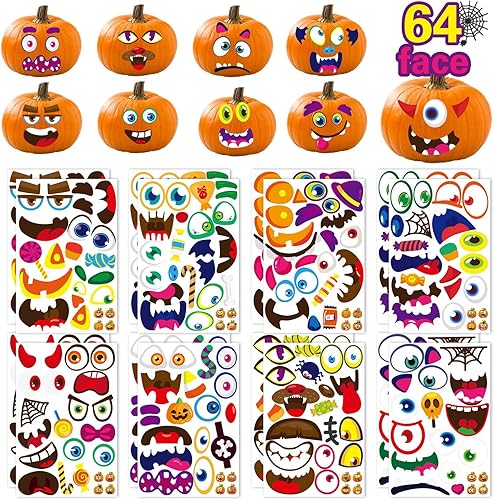 Paquete de 64 calcomanías de cara de calabaza, calcomanías de cara de calabaza para Halloween, niños pequeños, decoración de fiesta de Halloween,