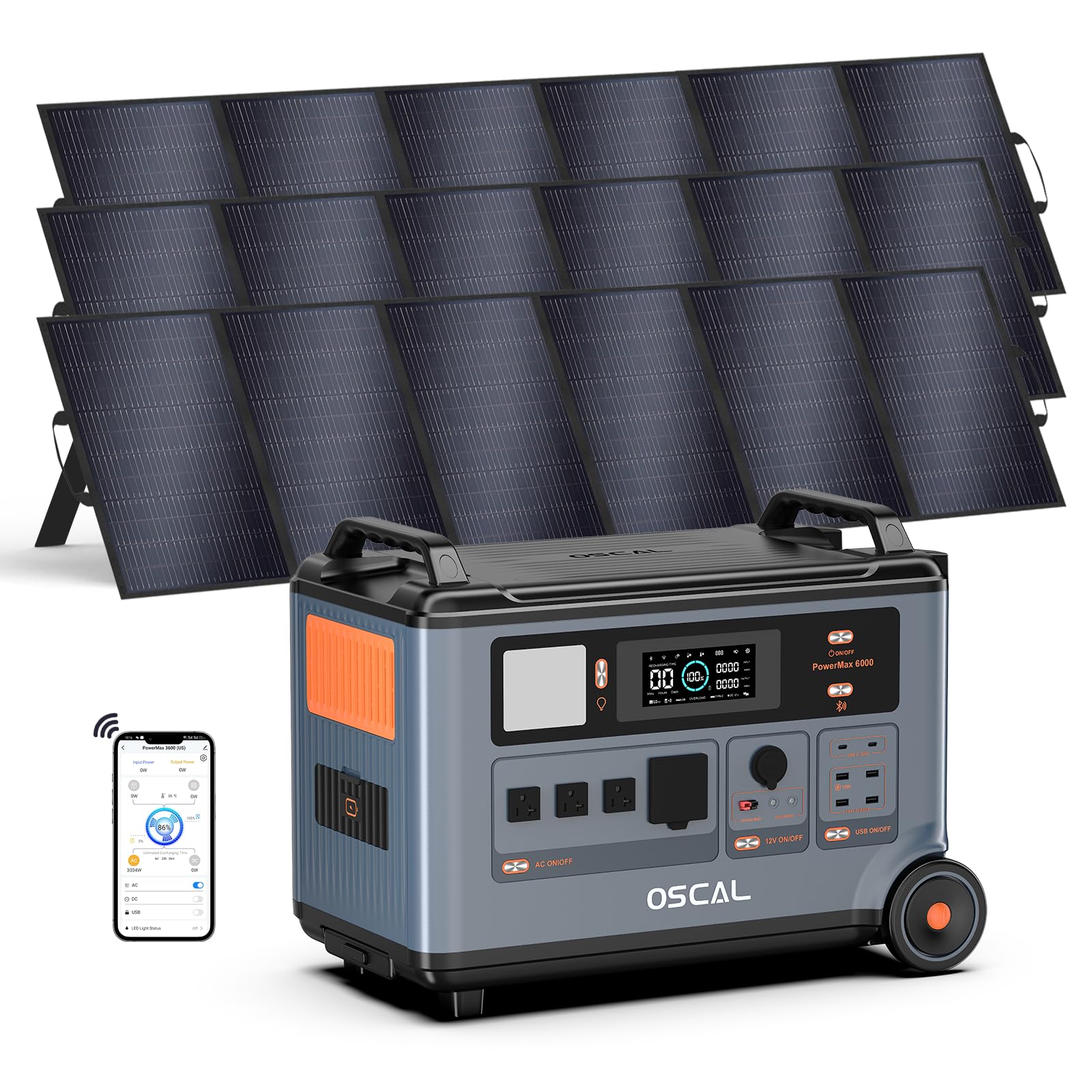 OSCAL PowerMax 6000 Solar Generator with 3x500W Solar Panels 120 240V Split Phase Voltage 6000W AC Outlets 9000W