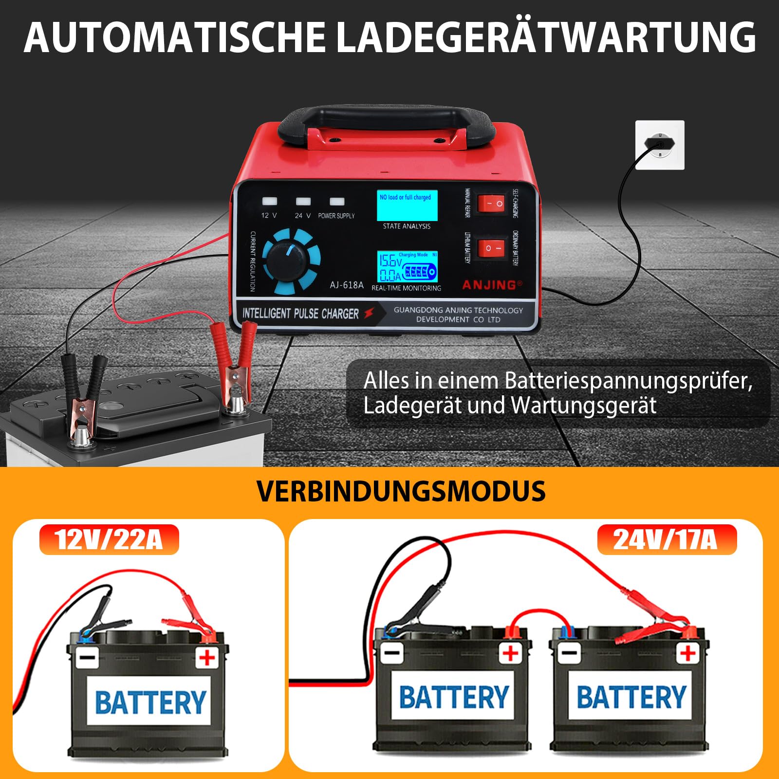 400W Autobatterie Ladegerät 22A 12V/24V KFZ Batterieladegerät Auto Vollautomatisches Intelligentes Geeignet für Autos Motorräder Pkw LKW