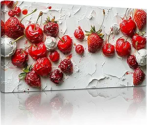 crmotu Fruit Large Wall Art, Still Life Kitchen Art Prints, Cream Cherry Strawberry Canvas Pictures, Cottagecore Oil Paintings Wall Decor Living Room Dining Room Rustic Farmhouse 20x40 Inch