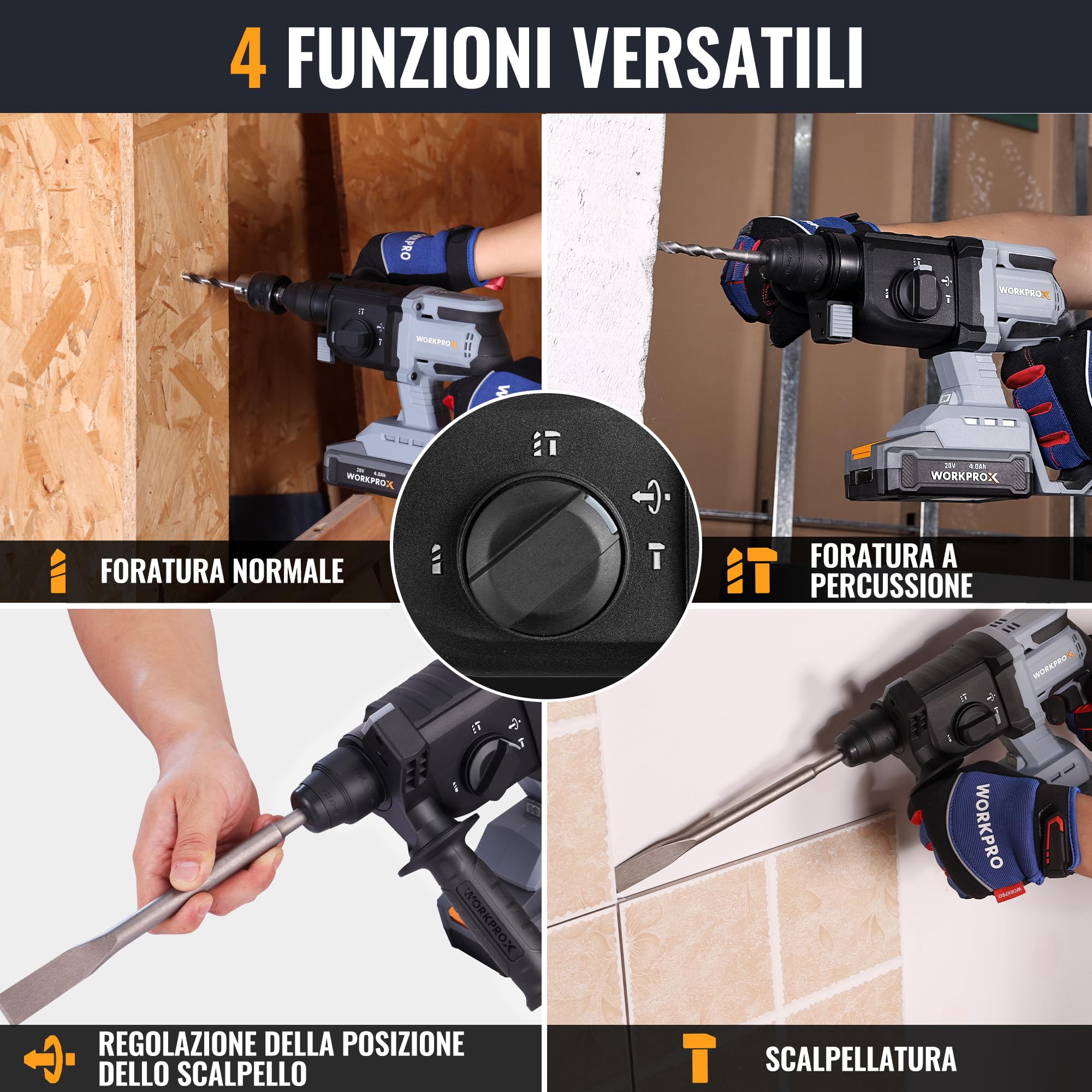 WORKPROX Martello perforatore a batteria 20V SDS-Plus, 2,0 J, Motore Brushless, 4 Funzioni, Batteria 4,0Ah, Ideale per Fai-da-te e Lavori Professionali