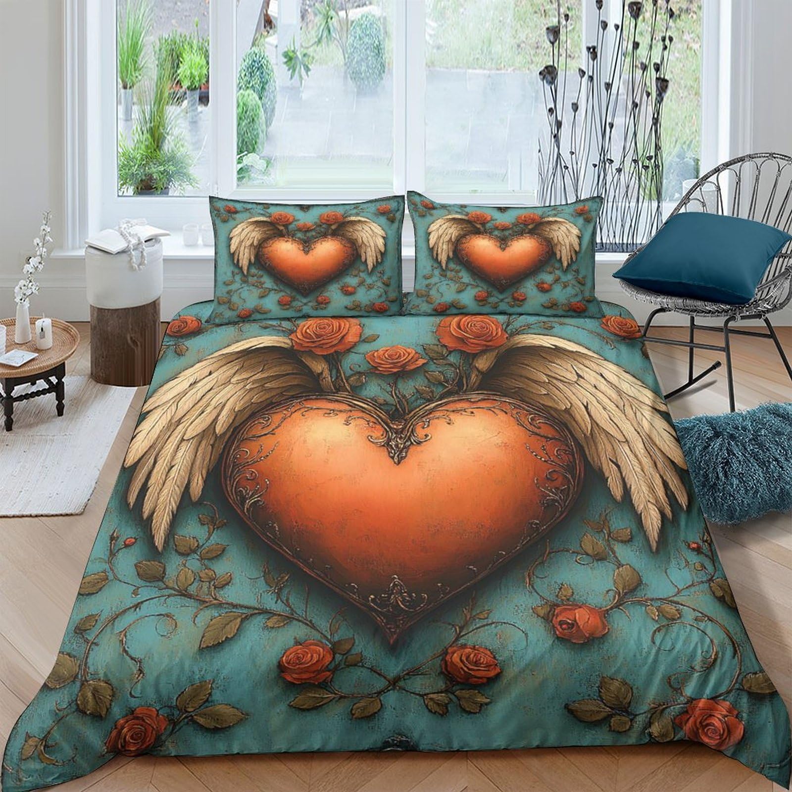 Ctjqhvkz Style-6 3D Printed Heart With Wings Fitted Sheet Microfiber Anti-Slip Bed Cover For Bedroom Dorm Mattress Decor Single（135X200cm）