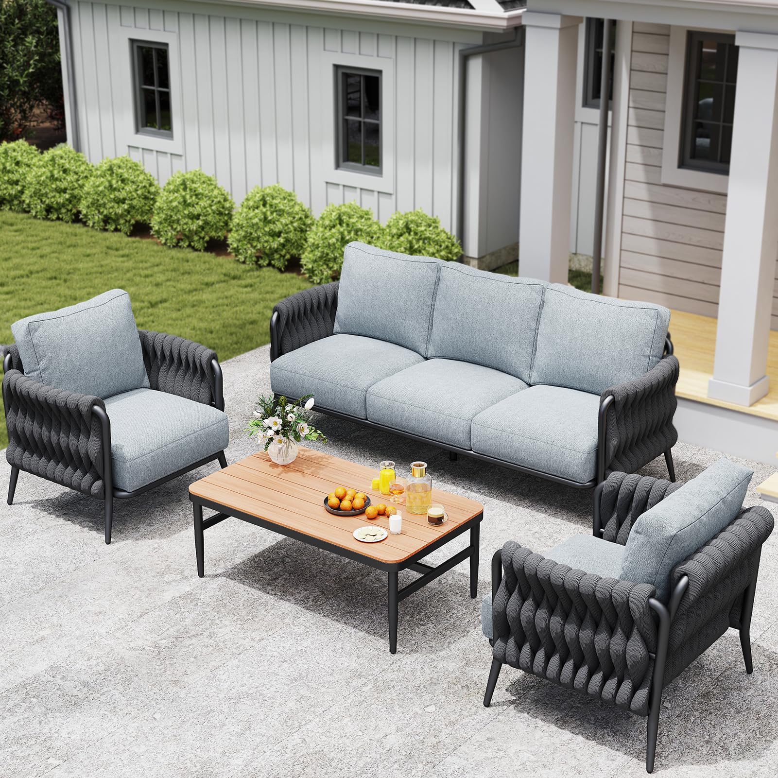 Jocoevol Outdoor Patio Furniture Set, Outdoor 5-Seat Sofa with Coffee Table, Waterproof Thick Cushion Patio Conversation Set, All Weather Outdoor