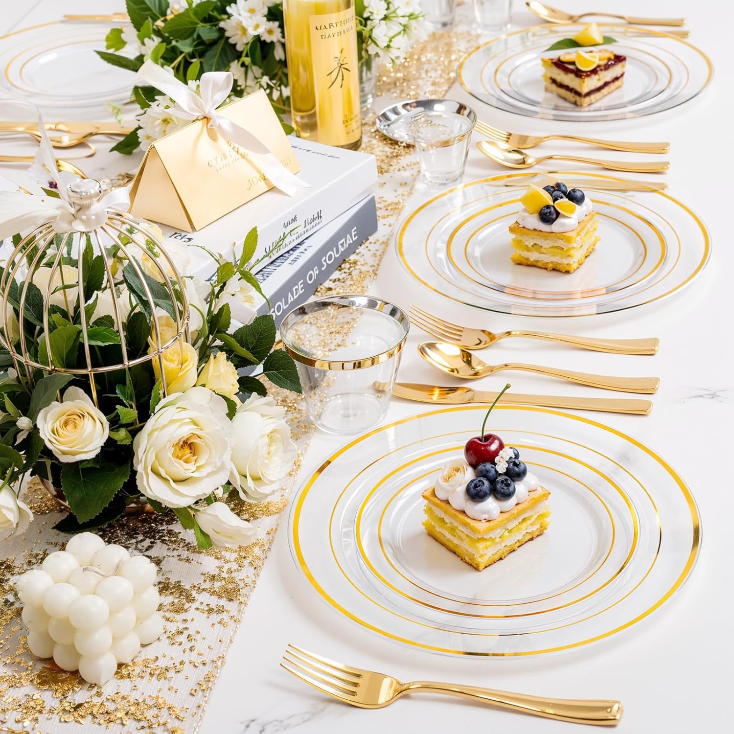 bUCLA 600PCS Clear Plates with Gold Trim - Clear Gold Dinnerware Set Disposable Include 100 Dinner/100 Dessert Plates, 100 Knives, 100 Forks, 100 Spoons, 100 Cups for Wedding, Party - Image 6