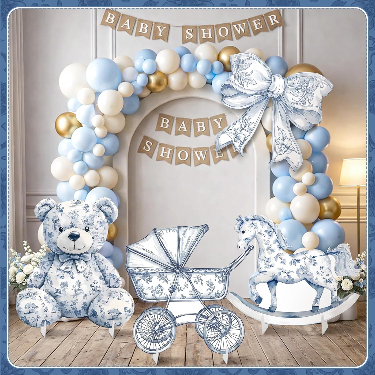 4 Pcs Blue Toile De Jouy Cardboard Cutout Standup Life Size Baby Shower Decorations, Vintage Floral Cardboard Cutouts for Gender Reveal Birthday Party Photo Backdrop Favors