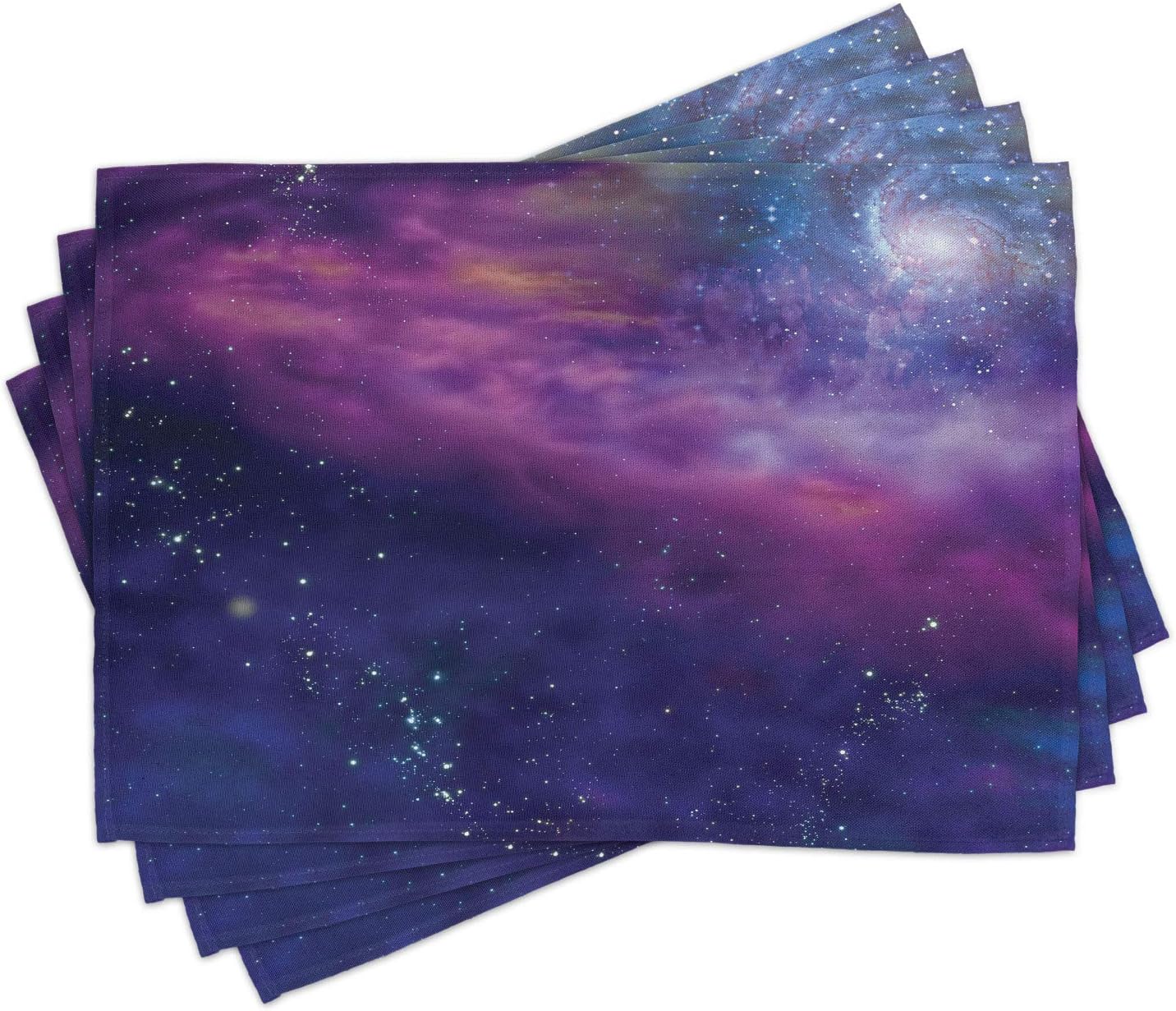 Ambesonne Outer Space Place Mats Set of 4, Dim Star Clusters Milky Way Inspired Circle Back with Solar Elements, Washable Fabric Placemats for Dining Table, Standard Size, Purple Blue