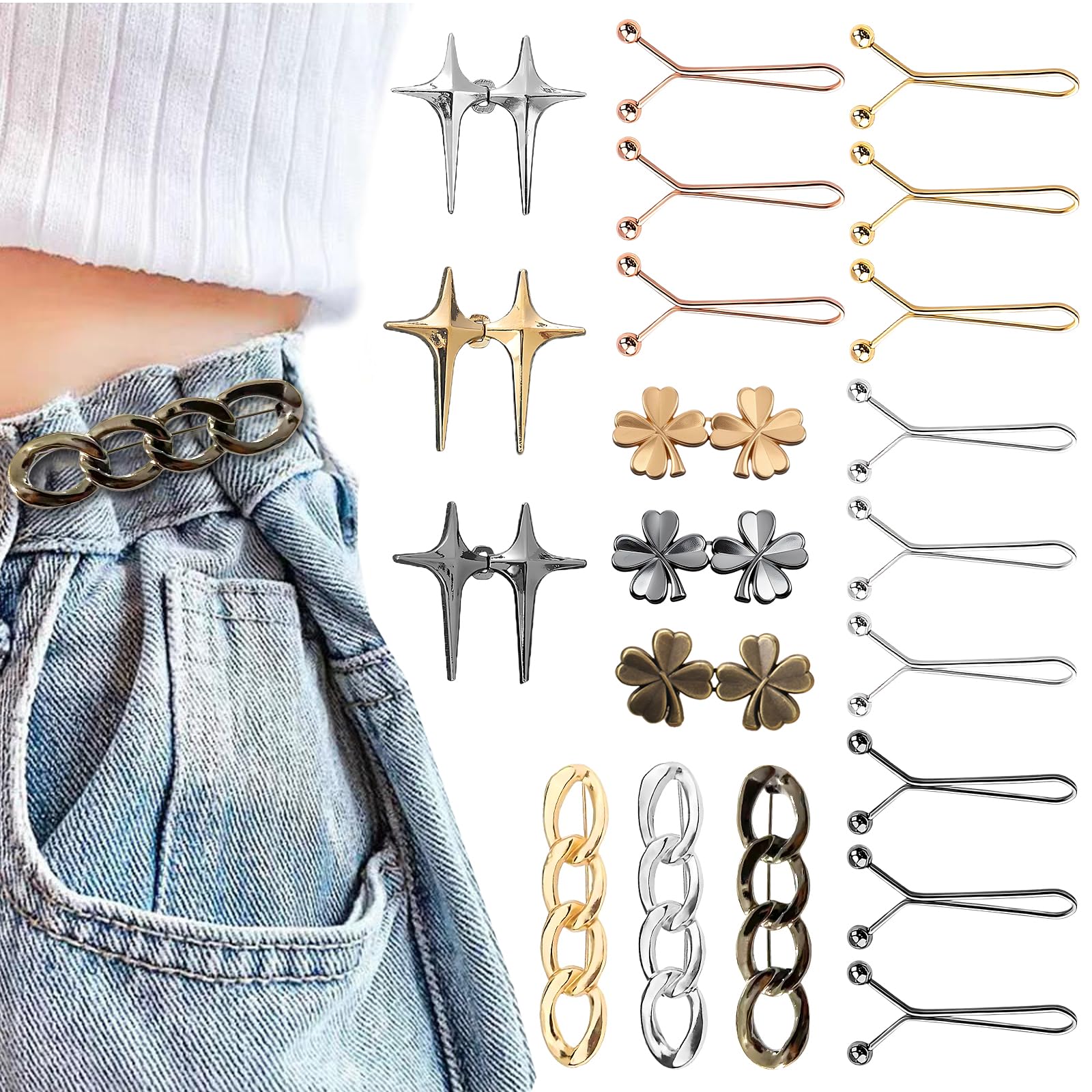 Meunhy 27 Pcs Jeans Waist Tightener, Waist Buckle Clips, Reusable Pants Clips, No-Sew Jean Button Pins for Jeans, Trousers, Skirts