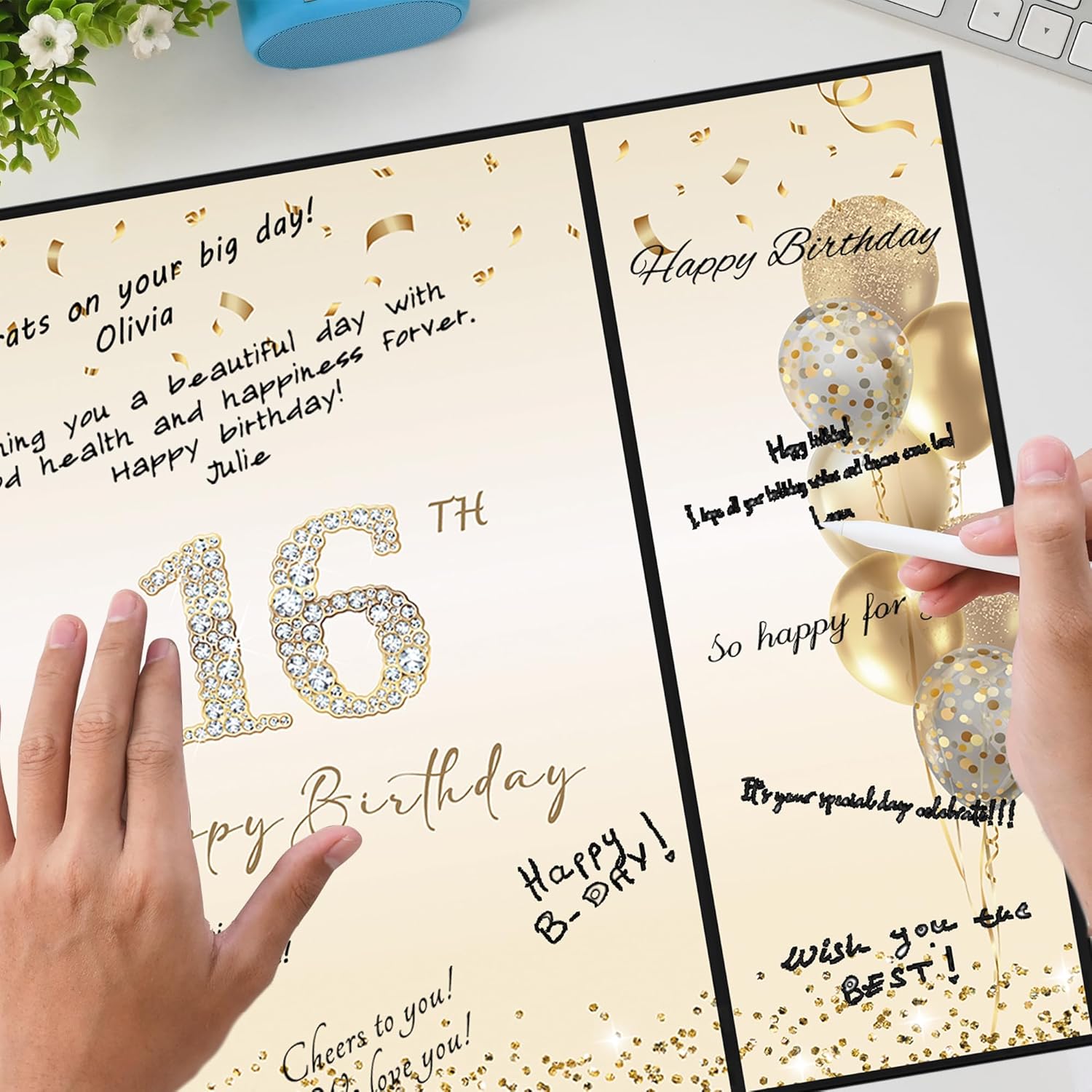 DARUNAXY Black Gold 16th Birthday Party Decorations, Happy 16th Birthday Alternative Signature Guest Book for Boys & Girls Sweet 16 Years Old Gifts 16 Birthday Signing Card Board Party Supplies - Image 4