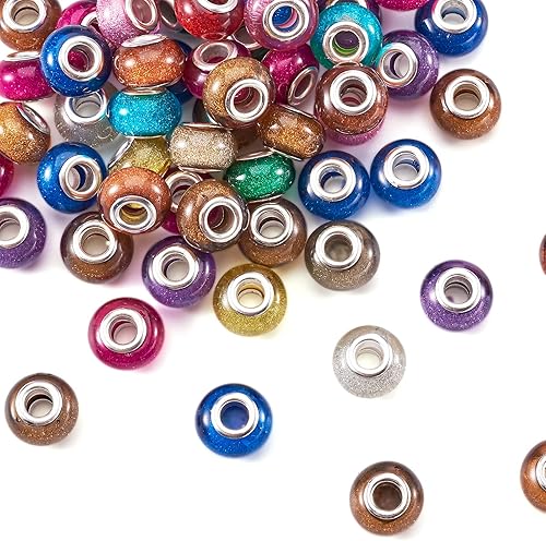Miniatura 3 de Beadthoven 100 cuentas europeas acrílicas de color mixto con agujero grande con latón plateado doble núcleos de 0.551 x 0.354 in, patrón surtido de
