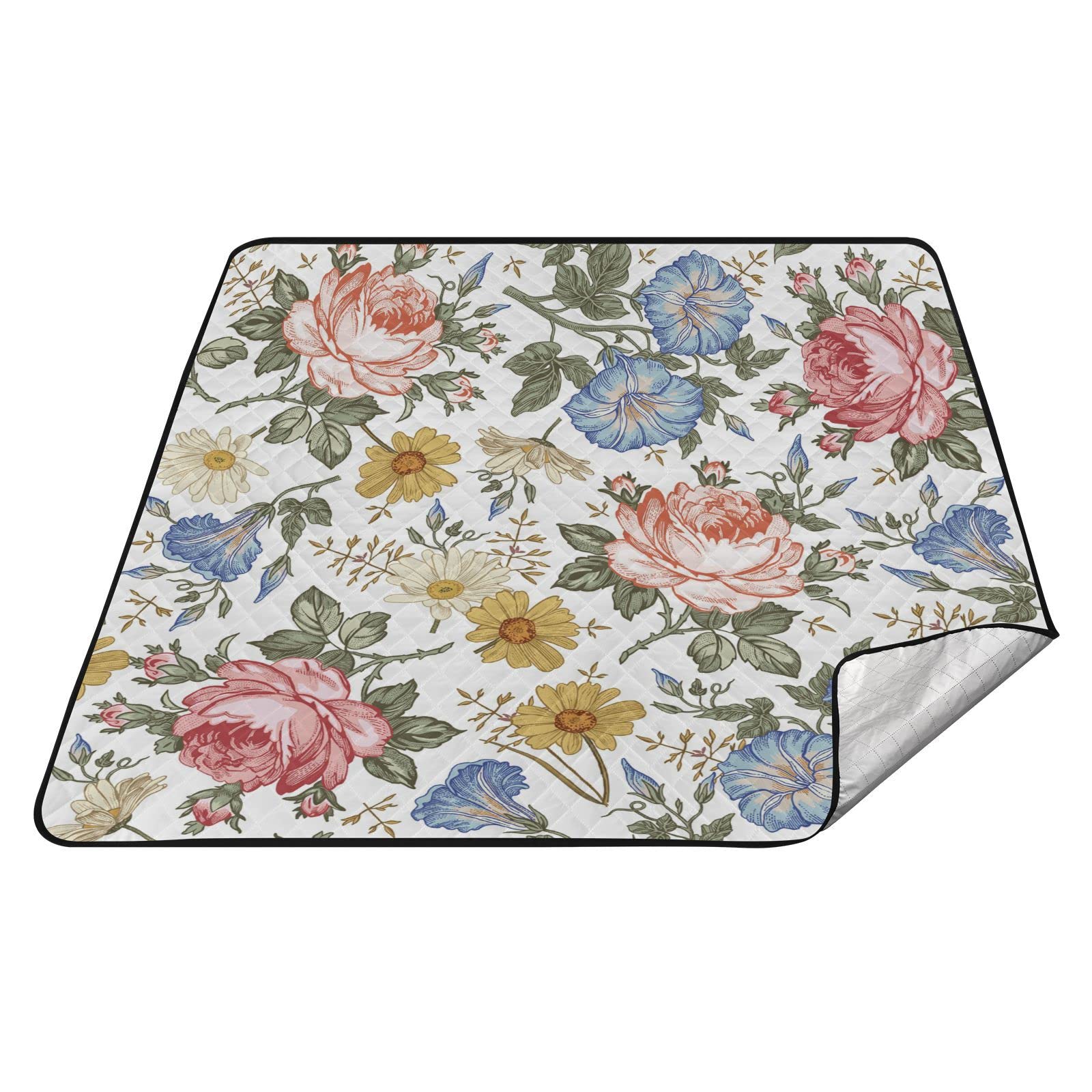 xigua Vintage Flower Leaves Picnic Outdoor Blanket,Portable Picnic Mat Waterproof Sandproof 3-Layers Foldable Blankets Camping Blankets Picnic Mat for Camping,Hiking,Beach,Park#10