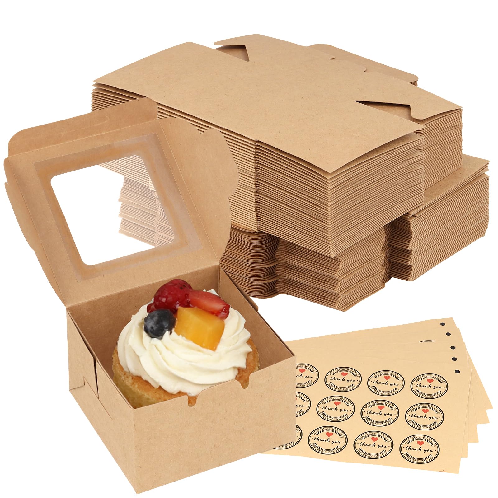TAICHEUT 50 PCS Kraft Cake Boxes with Clear Window and 60 Stickers 10x10x6.4CM - Bakery Packaging for Cupcakes, Desserts, Cookies, Pies