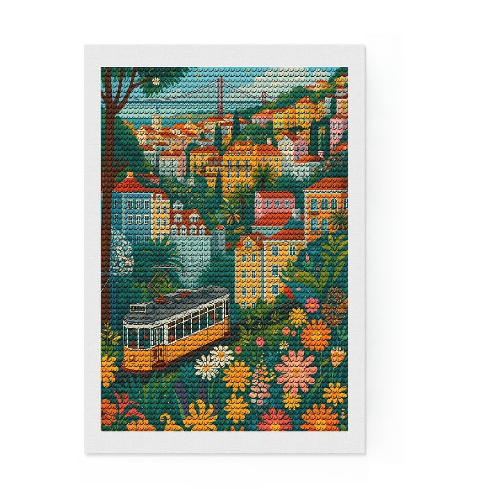 Junmoney Lisbon Tram and Colorful Cityscape Diamond Painting Set 8"x12", Stress Relief Craft, Satisfying Creative Project, Modern Decor, Holiday Gift Idea