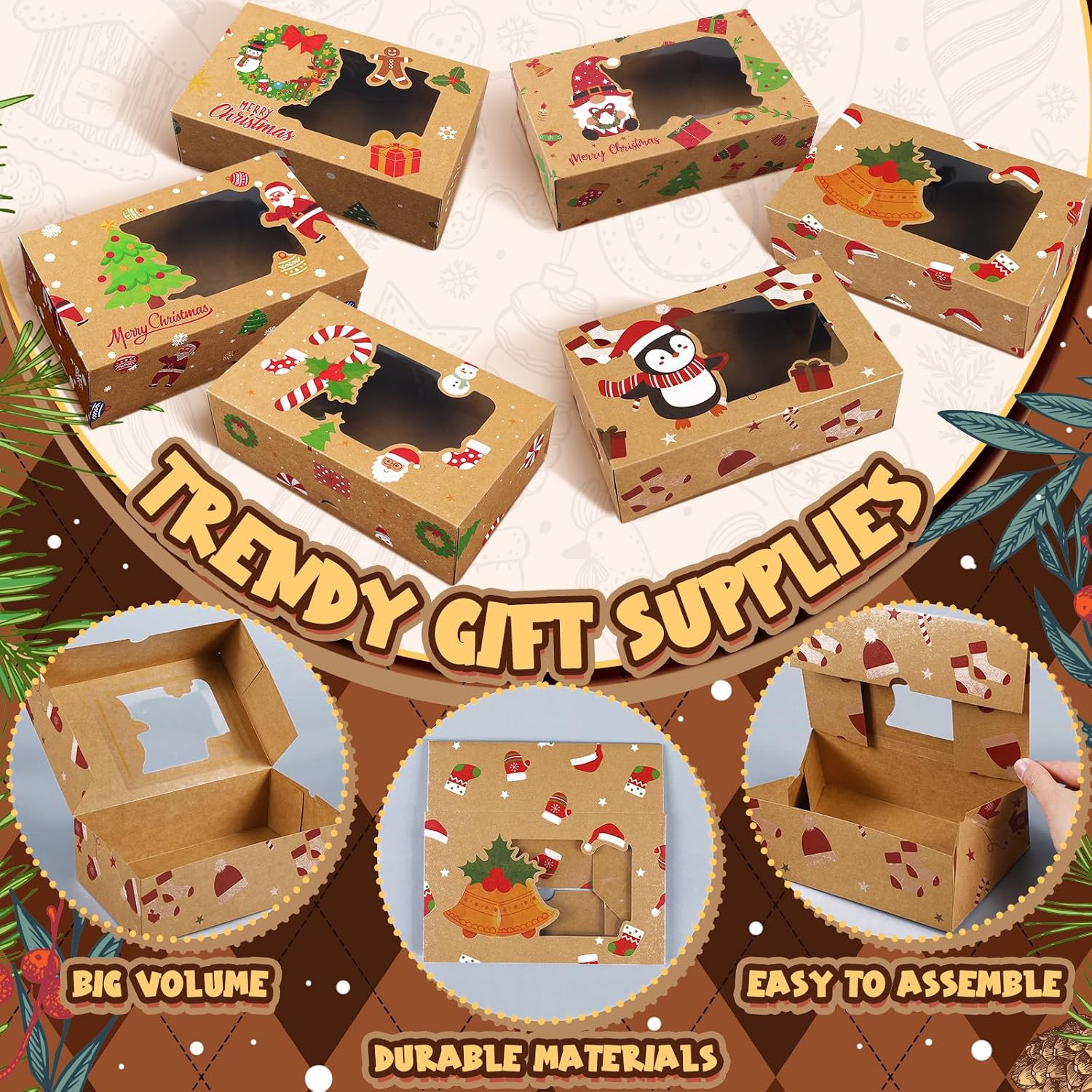 Funnymoom 36 Pcs Christmas Cookie Boxes with Clear Window, Holiday Bakery Box Goodie Box Candy Boxes Treat Containers for Food Cupcake Brownies Donuts Gift Giving, 6 Designs(Novel)