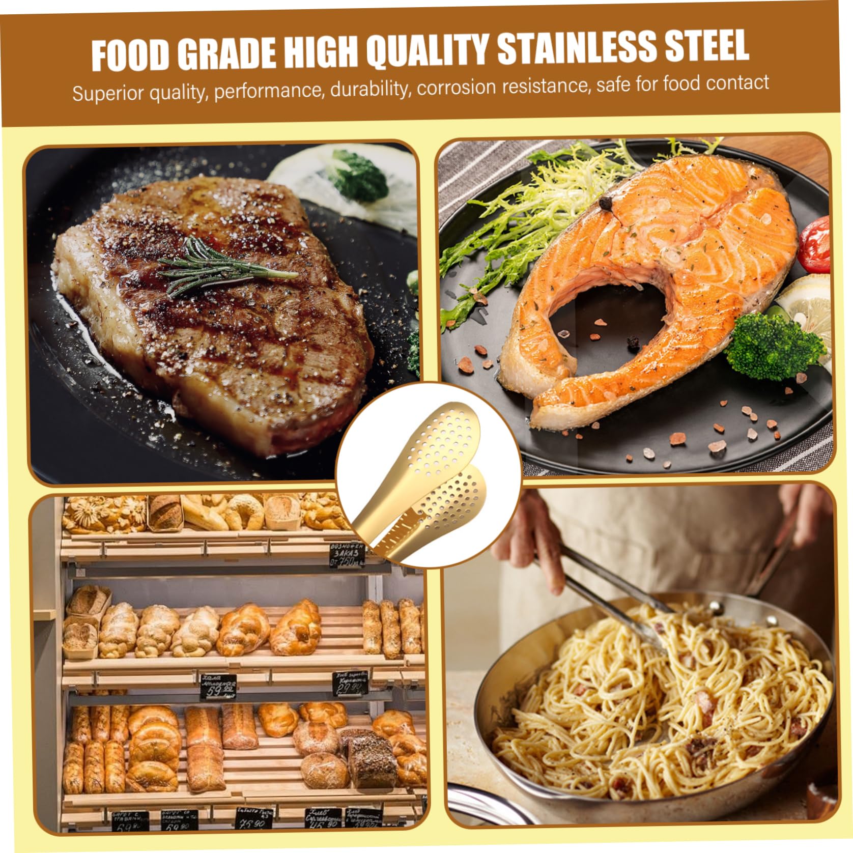 Servierzange 4pcs Hitzebeständiges poliertes goldenes Edelstahlzangen mit Löchern für Sald, Brot, Buffet, Kochen