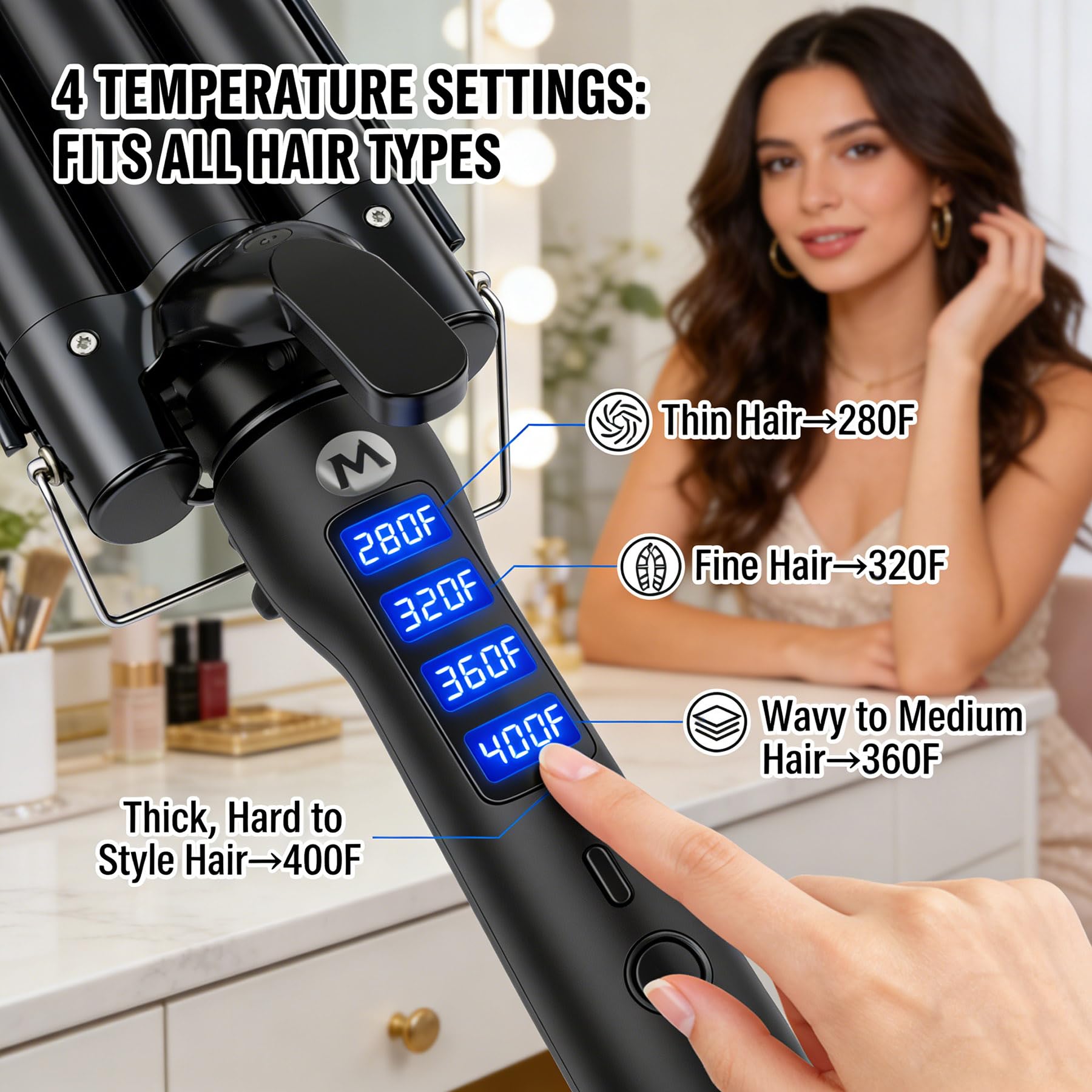 3 Barrel Ceramic Tourmaline Hair Waver with LCD Temperature Display