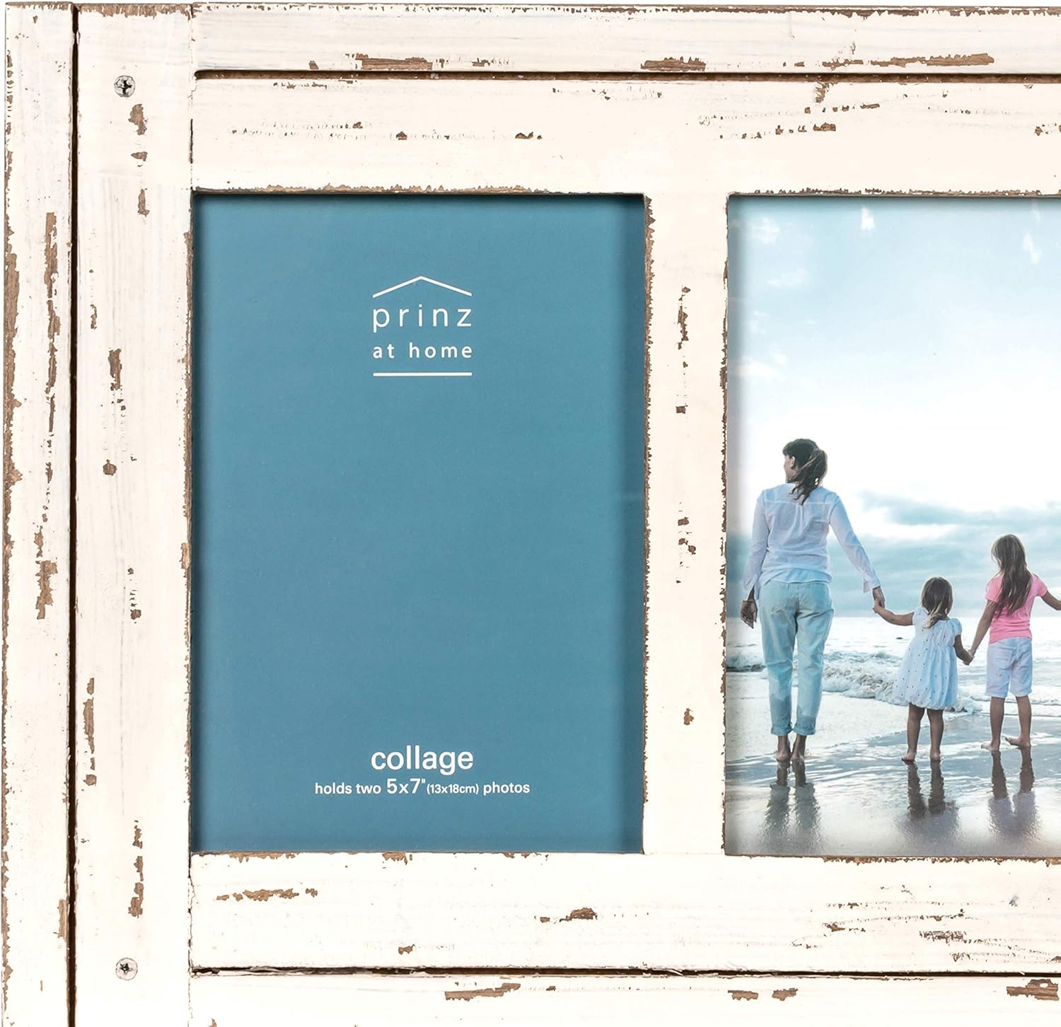 Prinz Homestead Double 5 x 7 Distressed White Wood Frame, Coastal Decor Hand-Distressed Rustic Picture Frame, Two-Way Easel, Can Be Wall-Mounted, Antique White