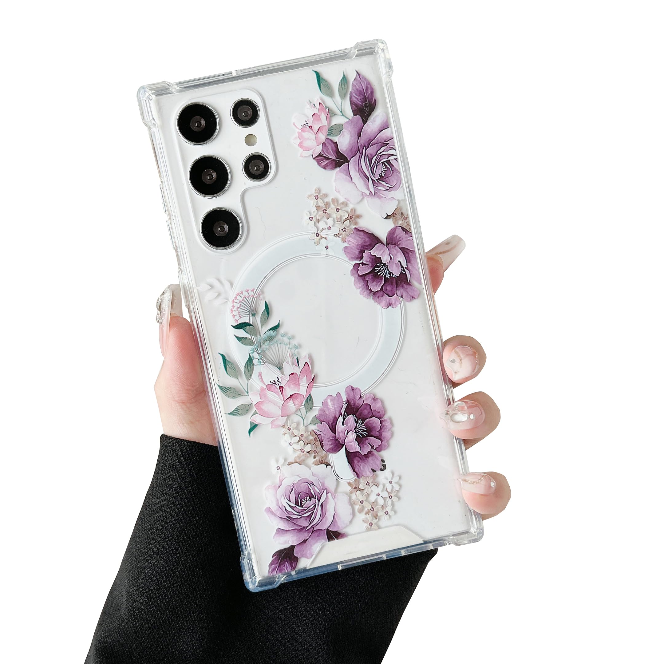 DEFBSC Magnetic Case for Samsung Galaxy S22 Ultra [Work with Magsafe] Clear Floral Flower Pattern Print Design Flexible Acrylic Shockproof Cover