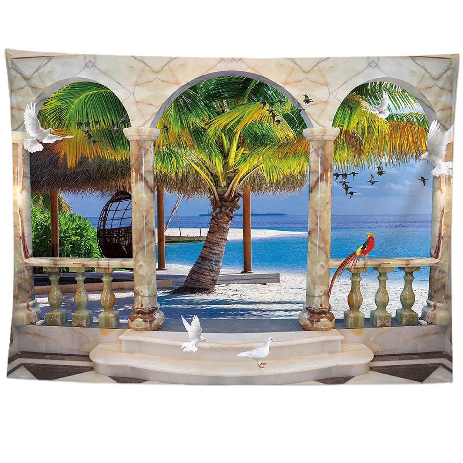 izielad Sea Ocean Beach Palm Tree Palace Misty Wall Hanging Tapestry Decor for Dorm Room Bedroom Living Room 150X200CM 59X78.7IN