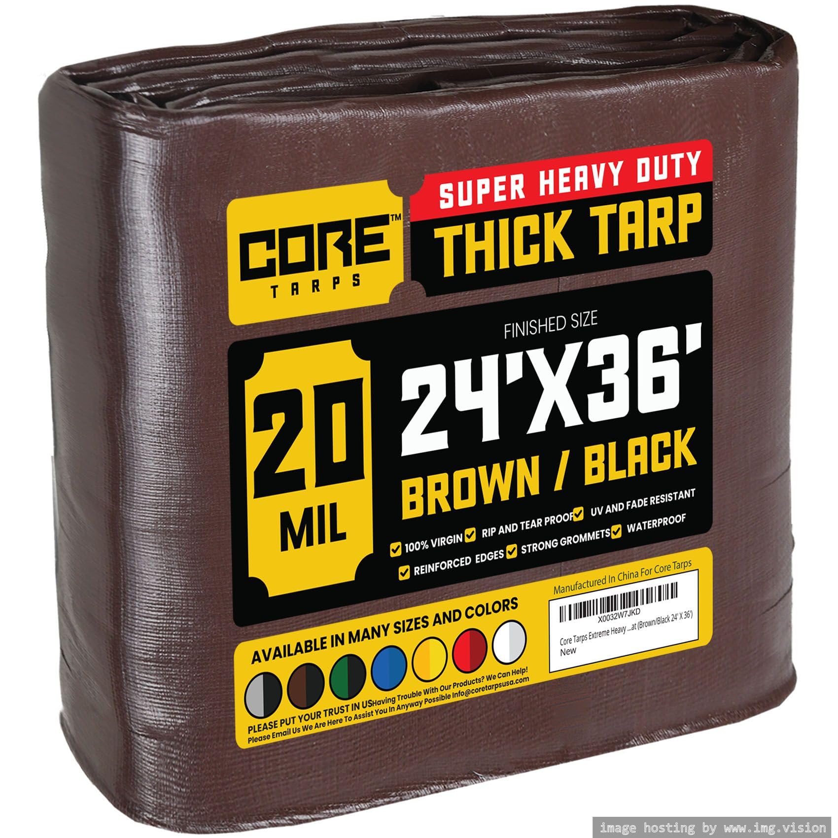 Core Tarps Extreme Heavy Duty 20 Mil Tarp Cover, Waterproof, UV Resistant, Rip and Tear Proof, Poly Tarpaulin with Reinforced Edges for Roof, Patio, Pool, Boat (Brown/Black 24′ X 36′)