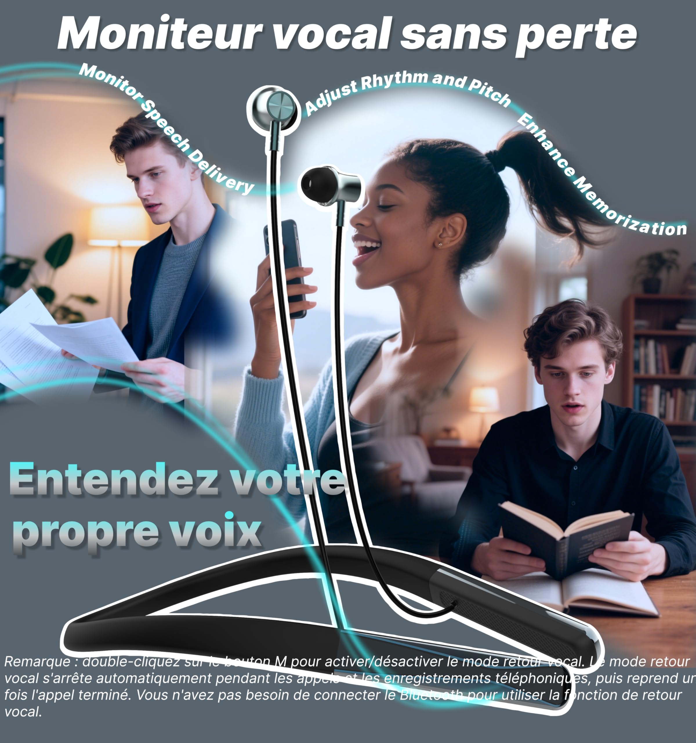 Hmusic H08 Casque Tour de Cou Bluetooth 6.0 sans Fil | Retour audio en temps réel, 35H Autonomie, IPX5 étanche, Affichage Numérique LED, Écouteurs magnétiques