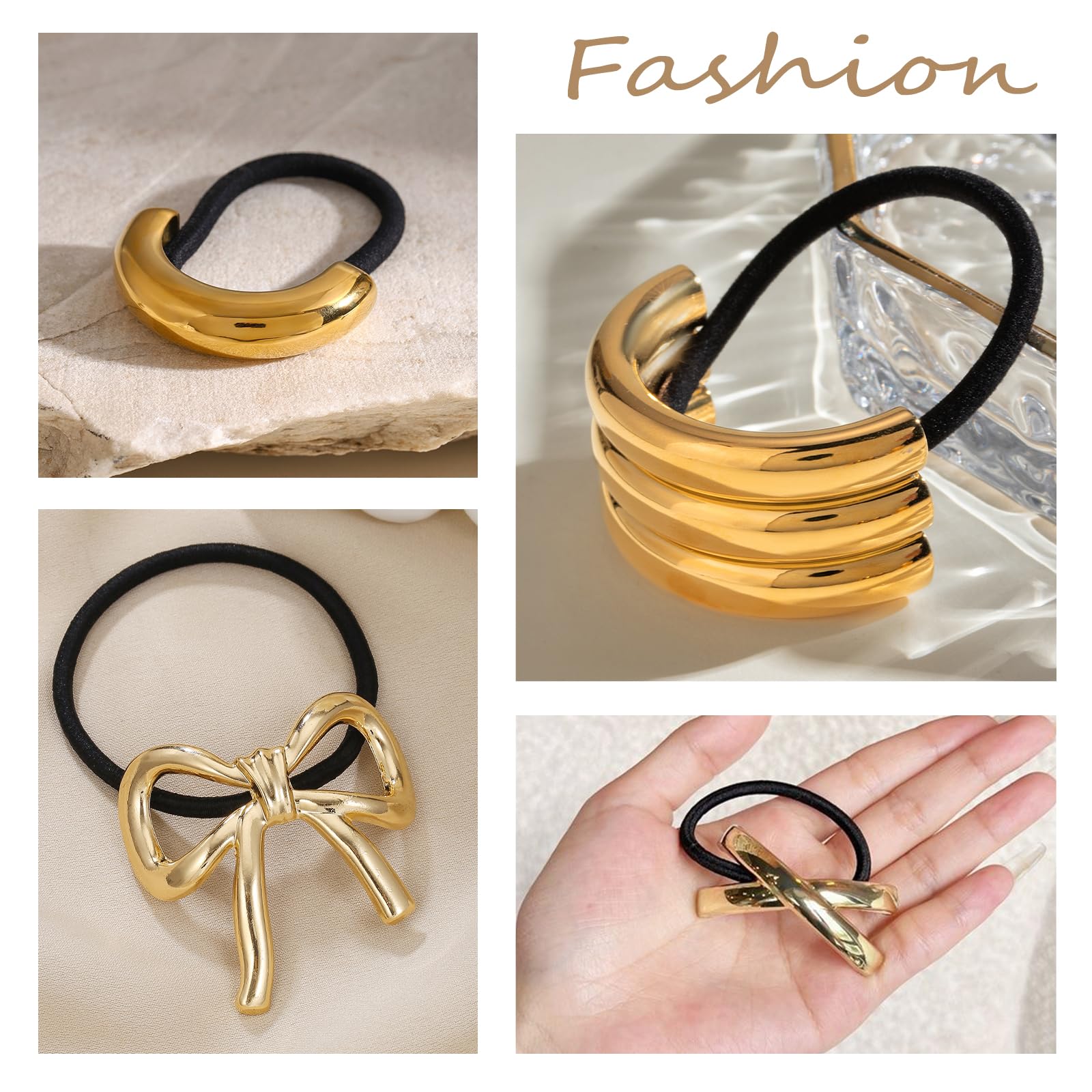 8Pcs Gold Hair Cuffs for Ponytails Hair Ties Fashion Glossy Hair Cuffs Metal Hair Tie Ponytail Cuff Elastic Hair Ties for Women Long Hair Ponytail Holder Gold Hair Accessories - Image 4