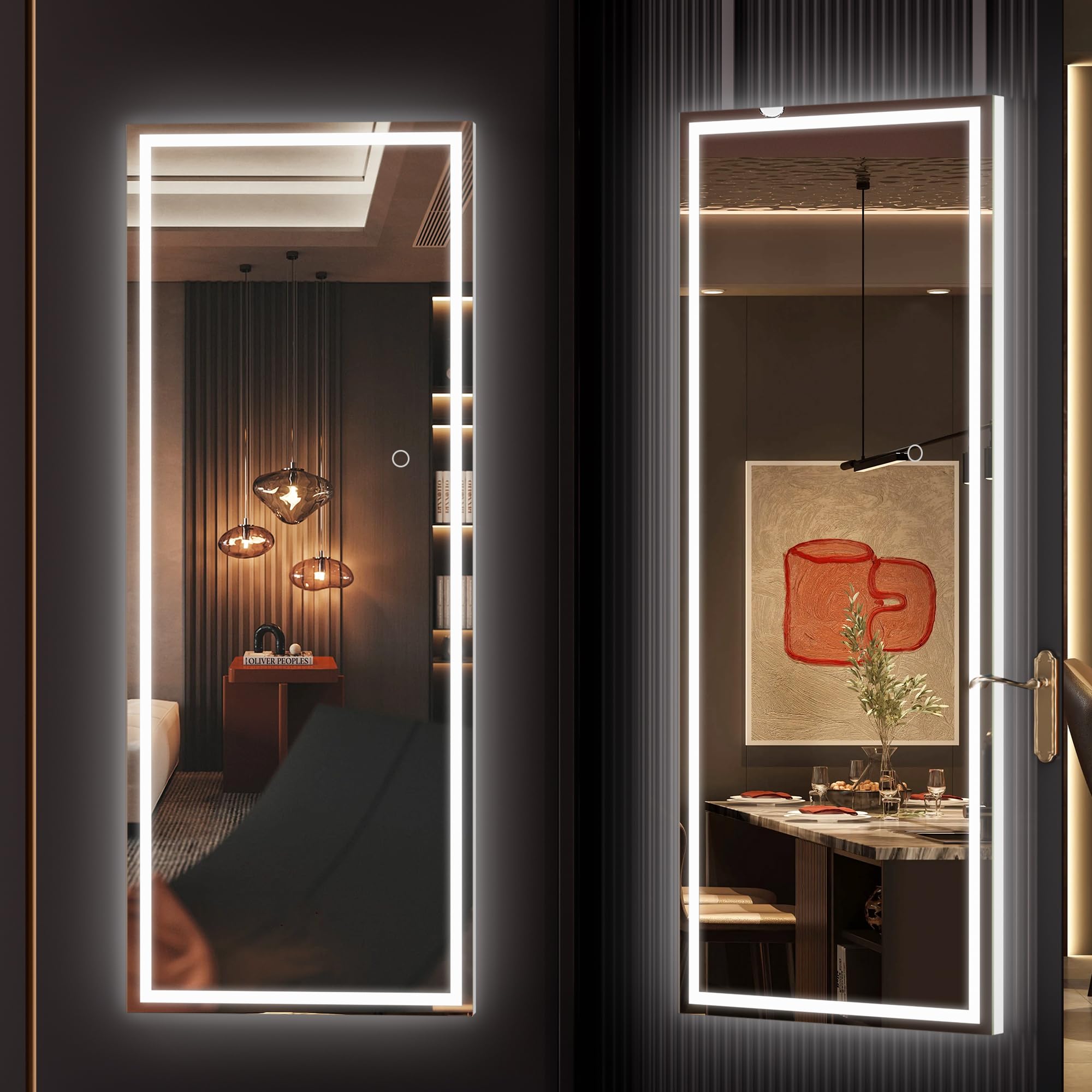 Hasipu LED Door Mirror Full Length, 44" x 15.8" Lighted Over The Door Hanging Mirror, Full Body Wall Mounted Mirror, Light Up Long Dressing Mirrors, Square White