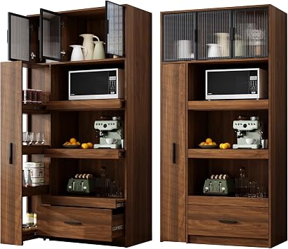 70.87" Tall Kitchen Pantry Cabinet with Pull-Out Shelves, Freestanding Storage Cabinet with 3 Glass Doors, 1 Drawer and Countertop for Kitchen, Dining RoomWalnut Brown