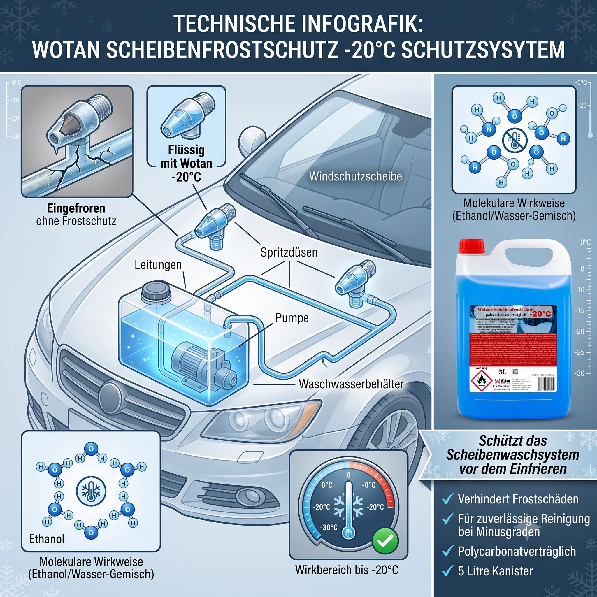Wotan's 30 Liter Scheibenfrostschutz - 20 Grad | Frostschutz für die Auto Scheibenwaschanlage | Scheibenfrostschutz Konzentrat 30L (6 x 5L) | Frostschutzmittel Scheibenwaschanlage