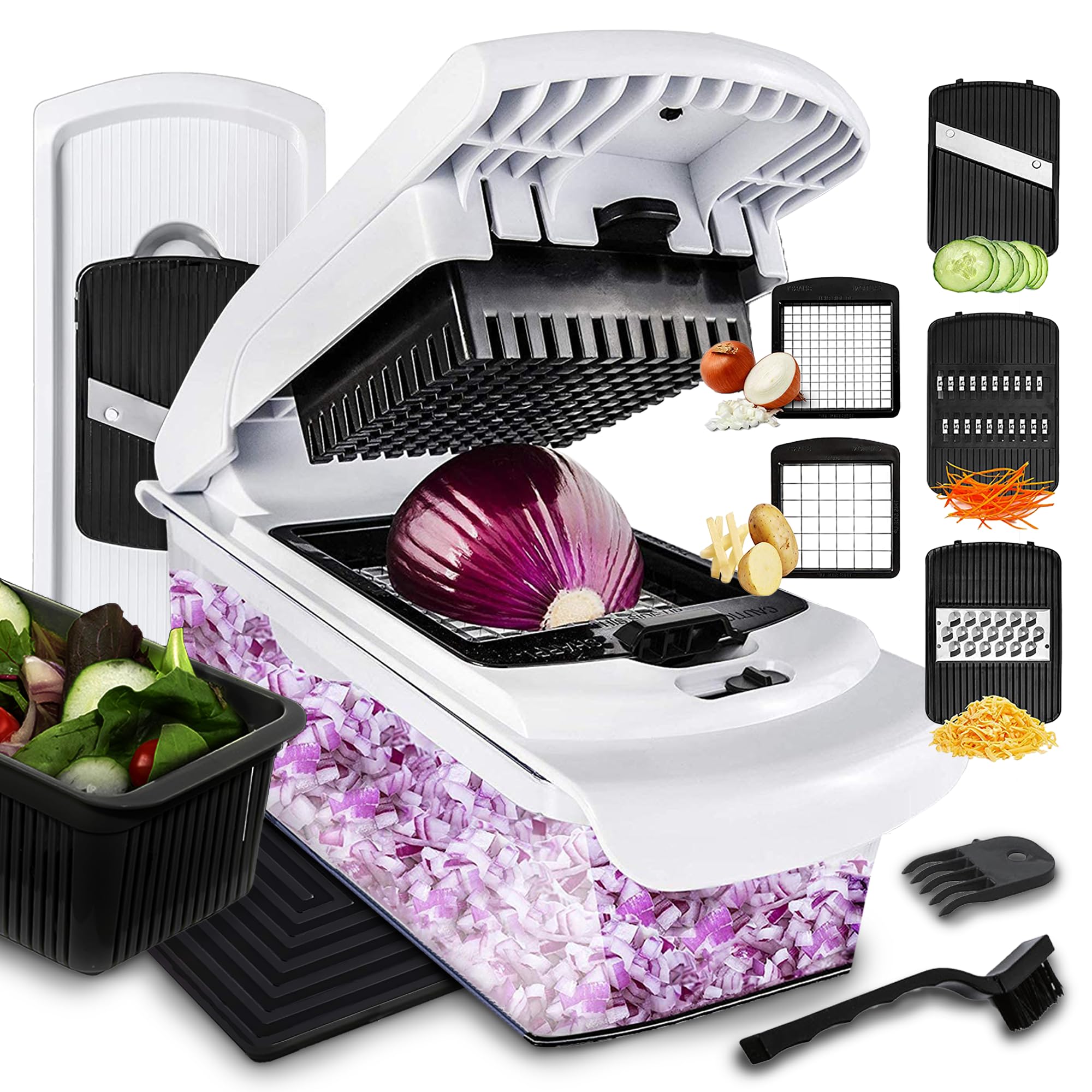 Coupe-légumes mandoline multifonction en verre et inox avec tapis antidérapant, set de 12 pièces