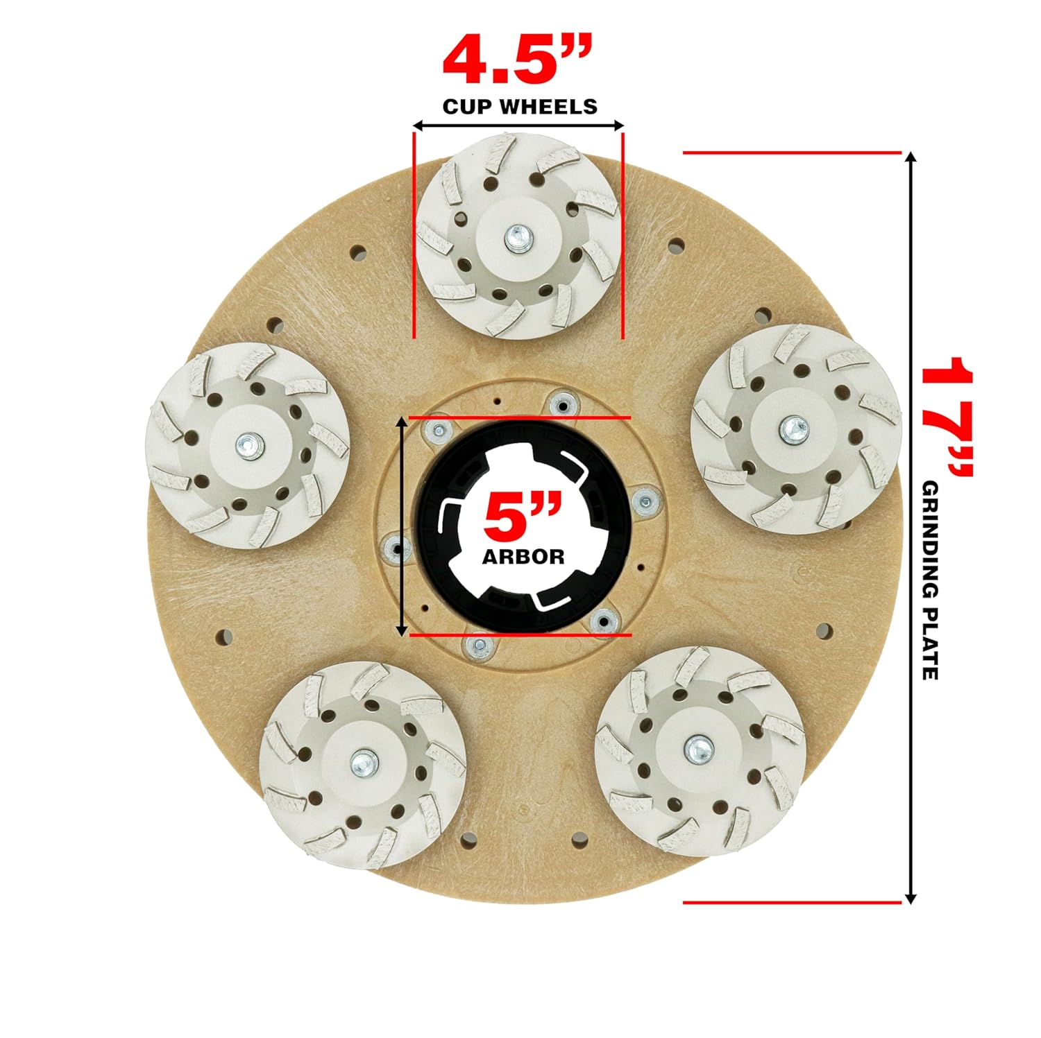 Concrete Grinding Plate for Swing Machines - Removal Tool for Concrete with 5 Cup Wheels - MAX RPM 175