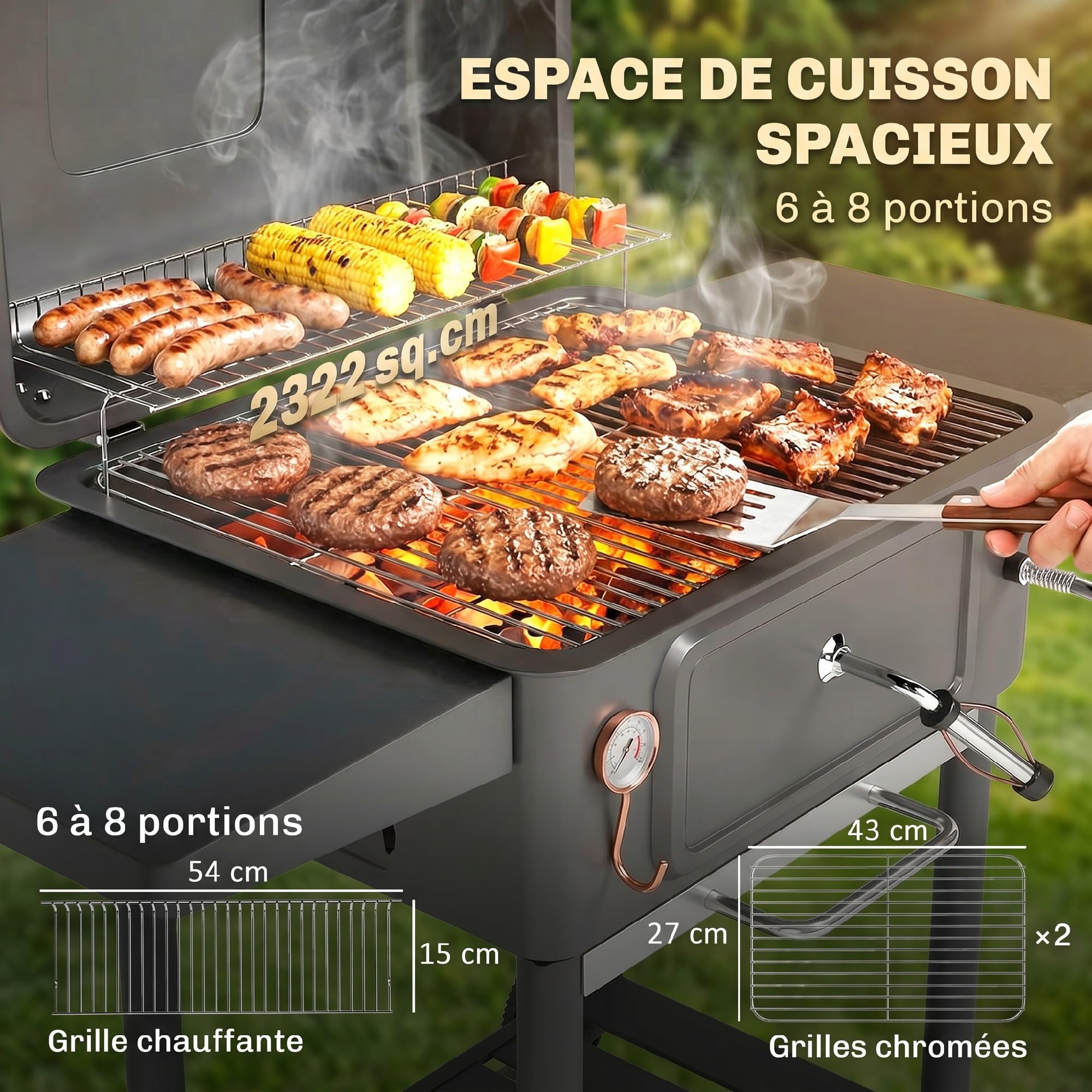 Outsunny Barbecue Charbon de Bois XXL 112cm, Couvercle Fumoir à 600°C, Noir | Thermomètre, Chariot Grill de Jardin, Bac à Charbon, Évents Ajustables, Porte de Ravitaillement