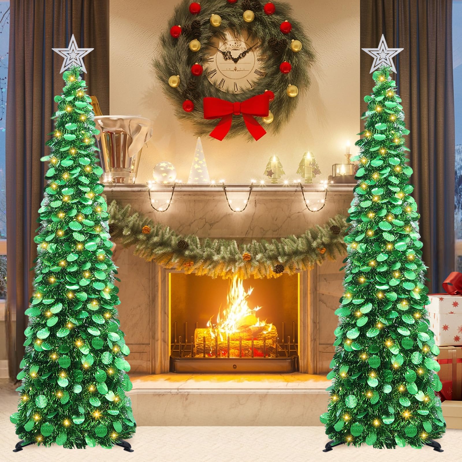 HMASYO Sapin de Noël pop-up de 1,5 m avec lumières minuterie, sapin de Noël artificiel pliable pour intérieur, maison, appartement, porche, décorations de fête de vacances (vert)