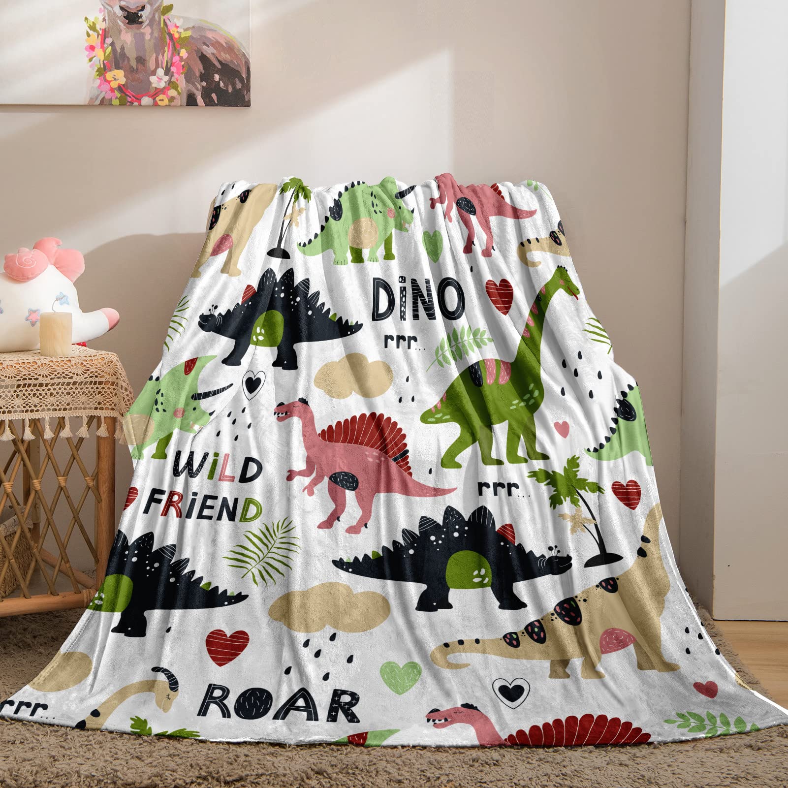YUANZU Dinosaur Blanket Throw, Kids Boys Dino Jungle Animals Wildlife Print Pattern Soft Cozy Flannel Baby Blanket, Warm Lightweight Plush Throw Couch Sofa Bed Cover, Gifts for Nursery 40x50 inch