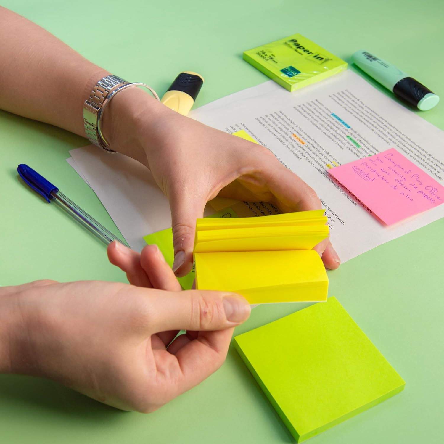 Plus Office Neon Sticky Notes Pad, Sticky Notes for Office, School, University, Quick Notes and Reminders, 100 Sheets Pad (Yellow, 12 Pack)