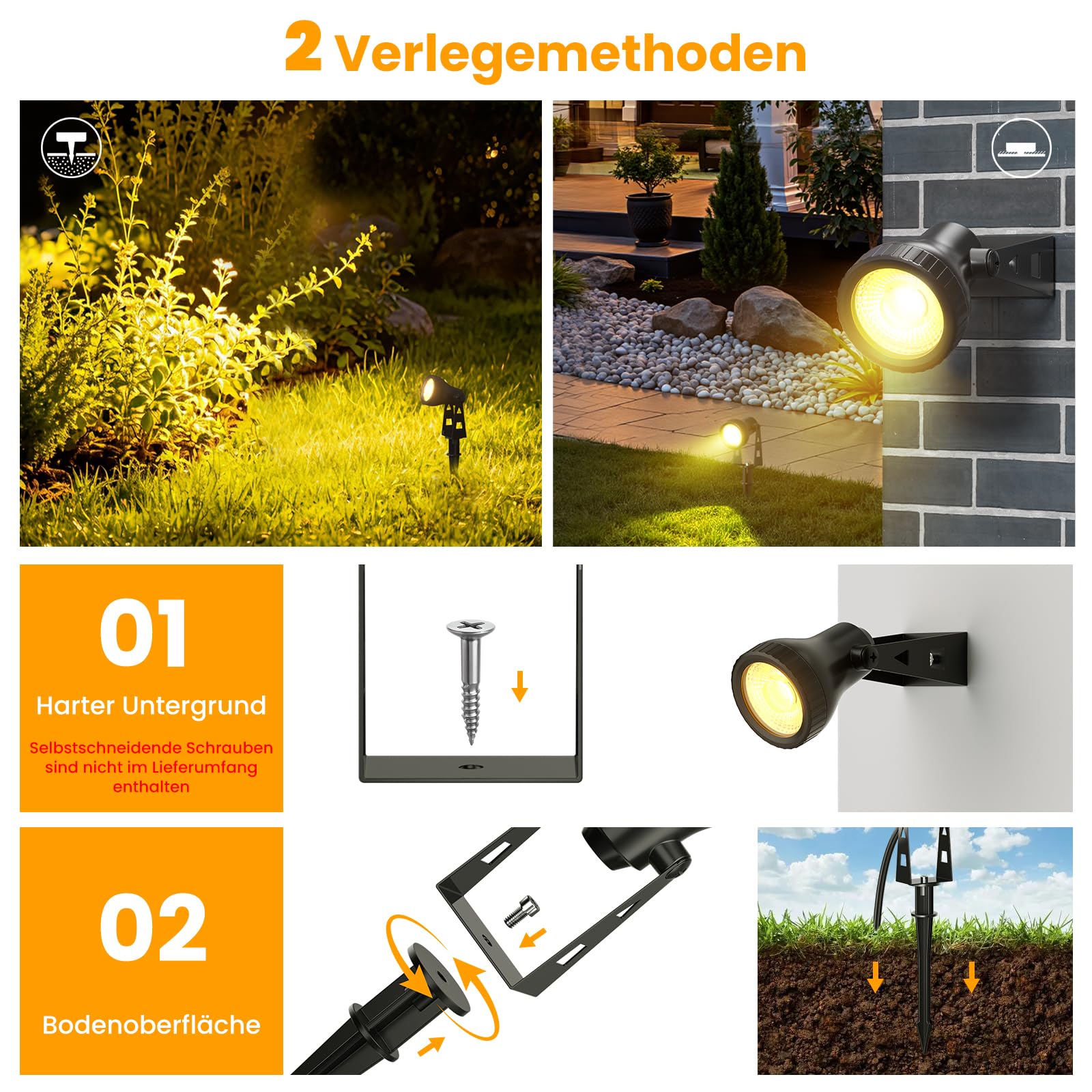 Kawaya Gartenbeleuchtung mit Strom 6Pcs Gartenlampen für Draußen Ip68 Wasserdicht Gartenleuchten 36V/18W Gartenstrahler 20M Led Außen Gartenlampe 3200K Gartenlampen Strahler mit Erdspieß